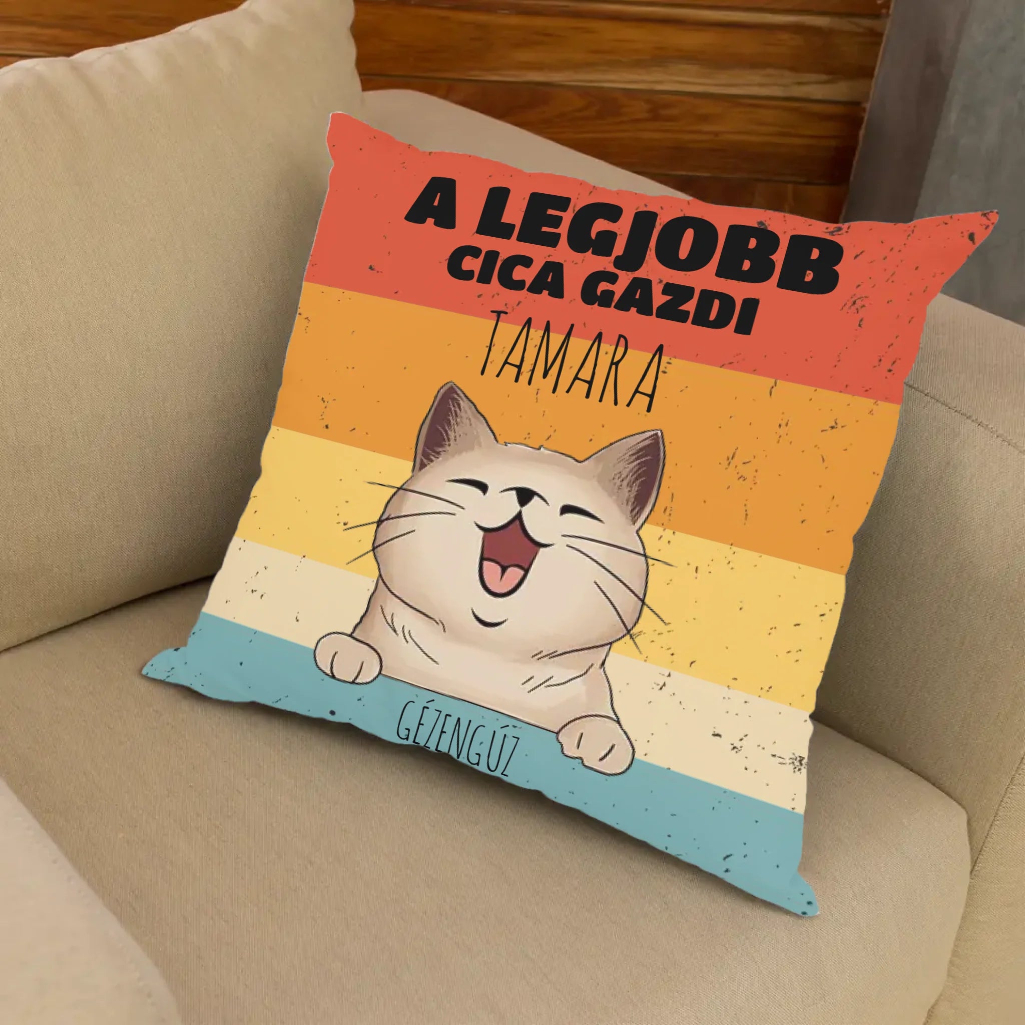 Legjobb cicagazdi telinyomatos FullPrint párna egyedi névvel