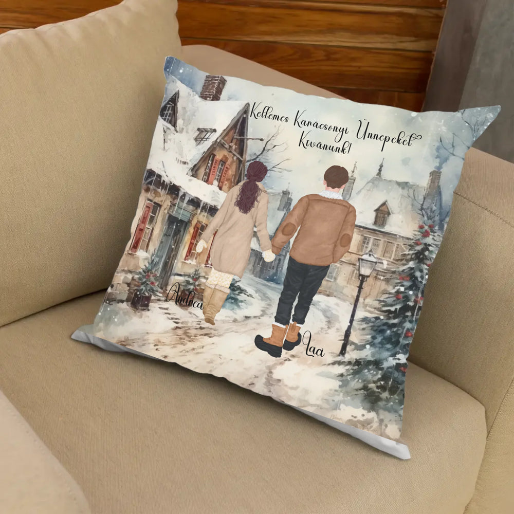 Szerkeszthető karakteres Fullprint párna - Szerelmesek a téli utcán