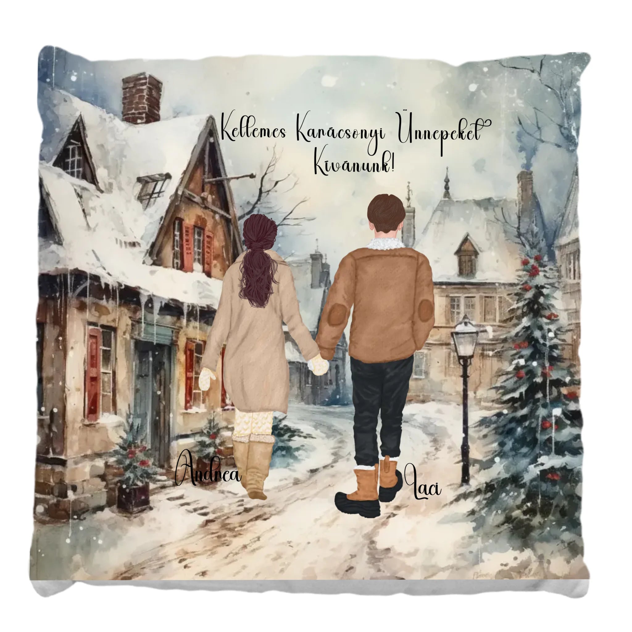 Szerkeszthető karakteres Fullprint párna - Szerelmesek a téli utcán