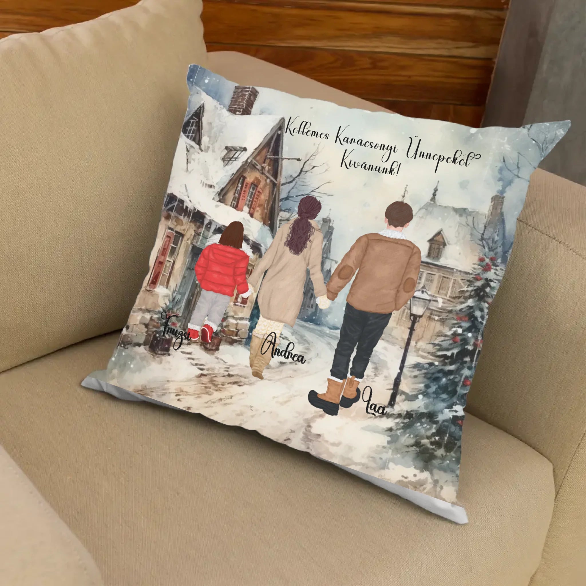 Szerkeszthető karakteres Fullprint párna - Család a téli utcán