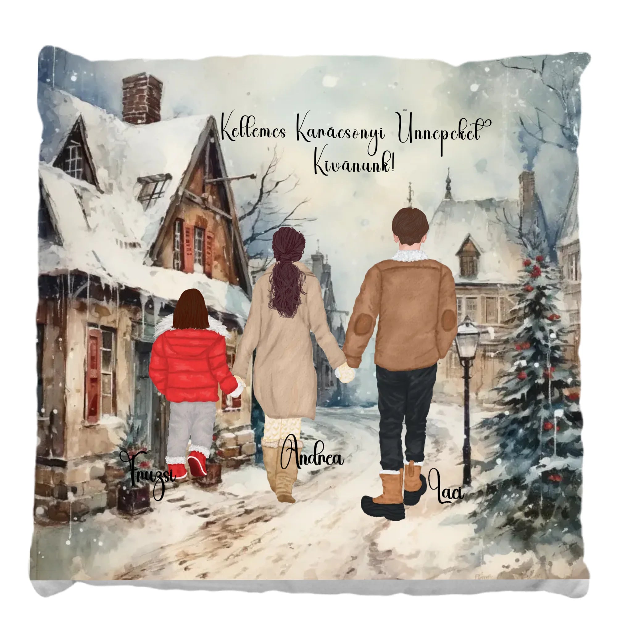 Szerkeszthető karakteres Fullprint párna - Család a téli utcán