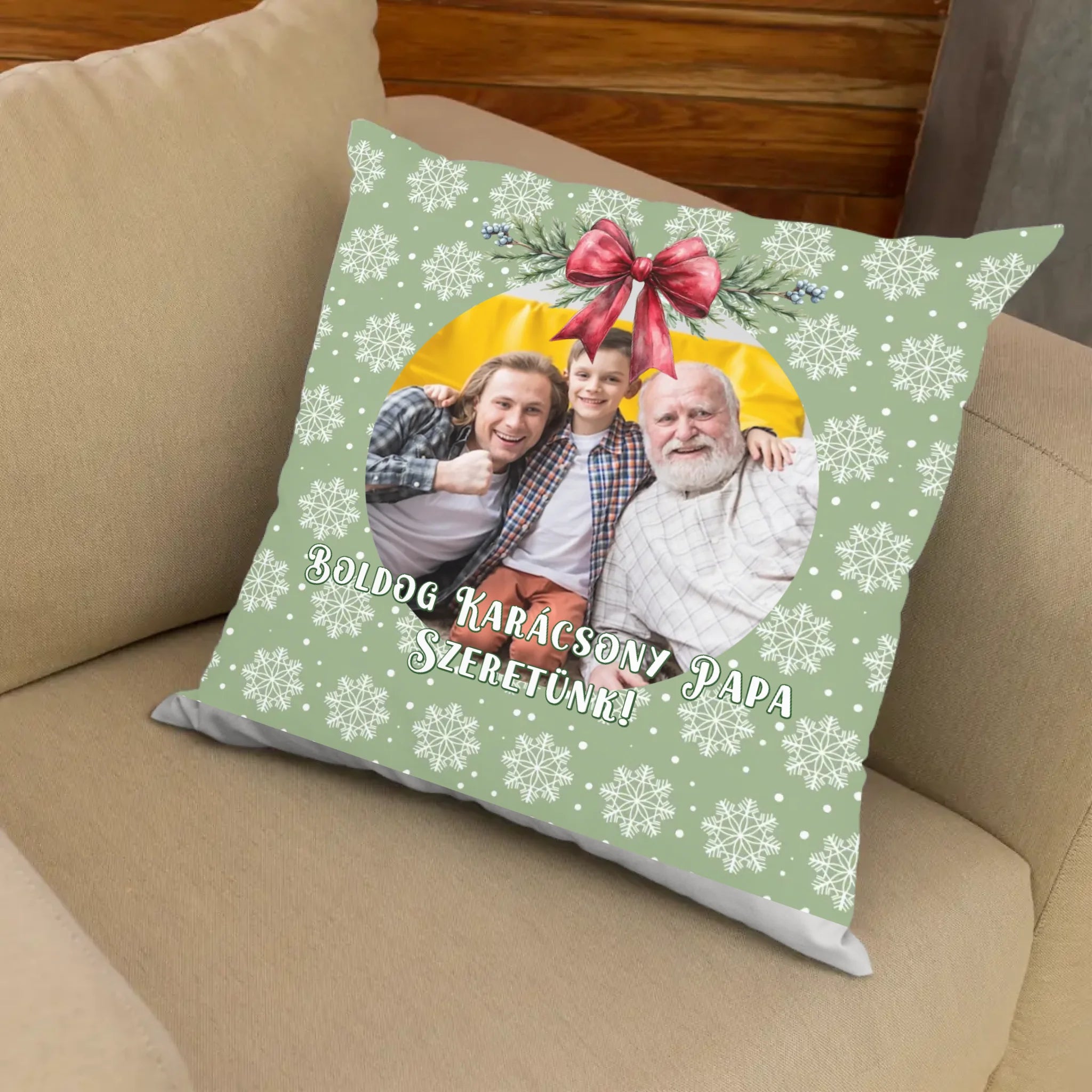 Karácsonyi fényképes zöld FullPrint ajándék párna