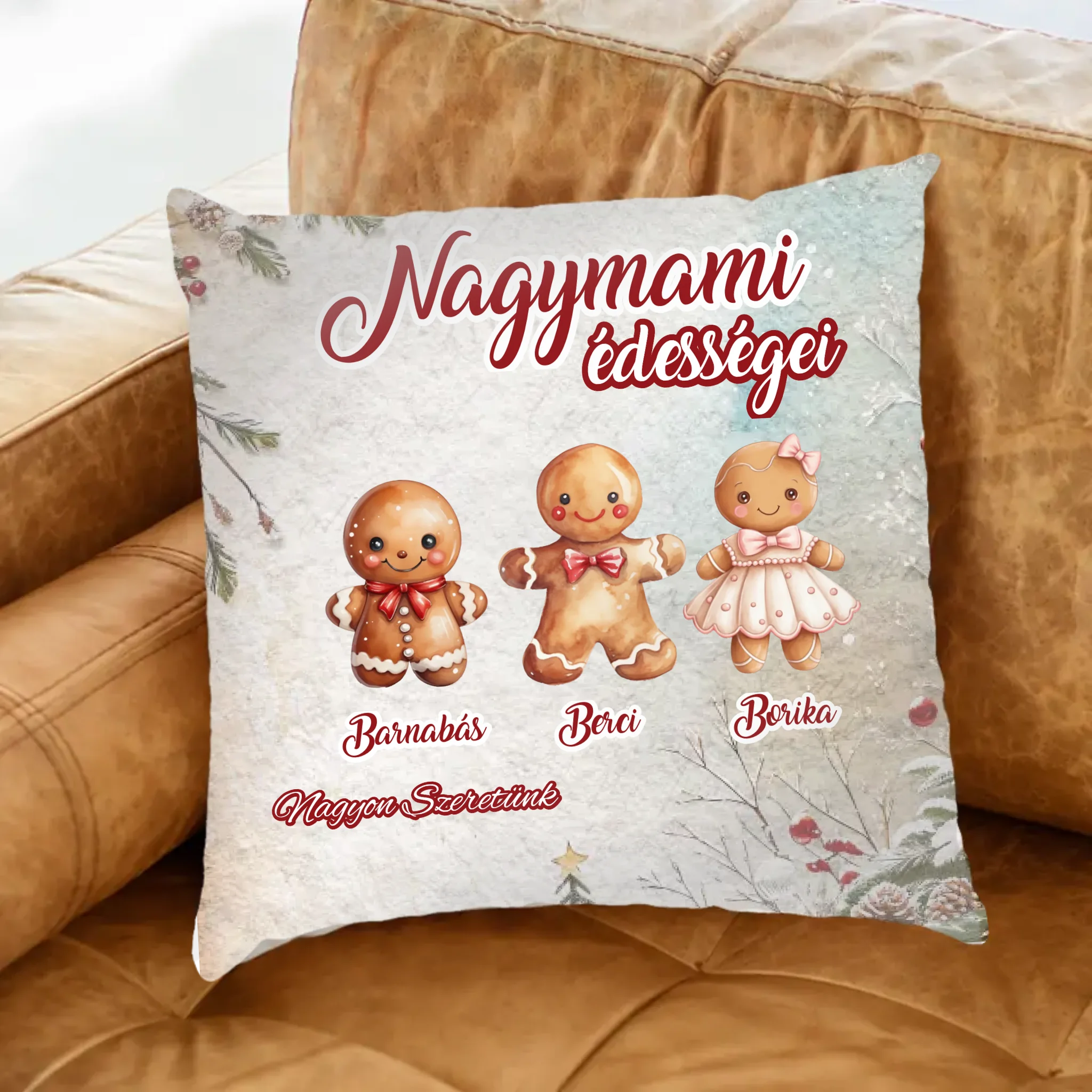 Feliratos ajándék fullprint párna nagymamáknak választható mézeskalács figurákkal