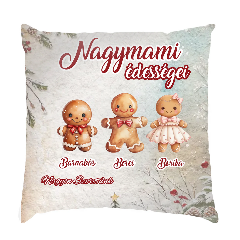 Feliratos ajándék fullprint párna nagymamáknak választható mézeskalács figurákkal