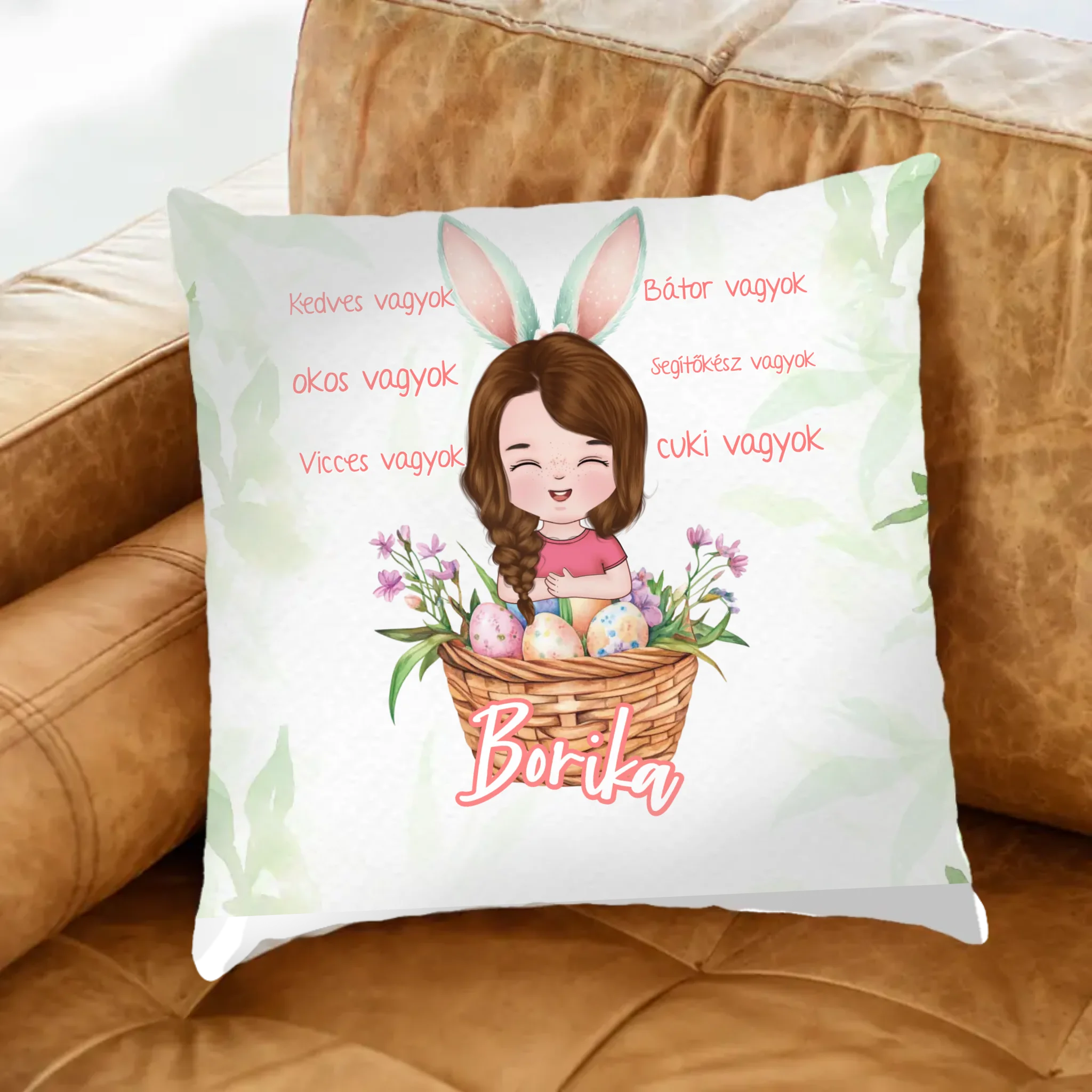 Szerkeszthető karakteres húsvéti jellemzős párna gyerekeknek