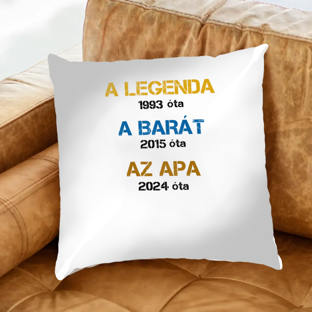 Egyedi évszámos ajándék apáknak A legenda, a barát, az apa párna