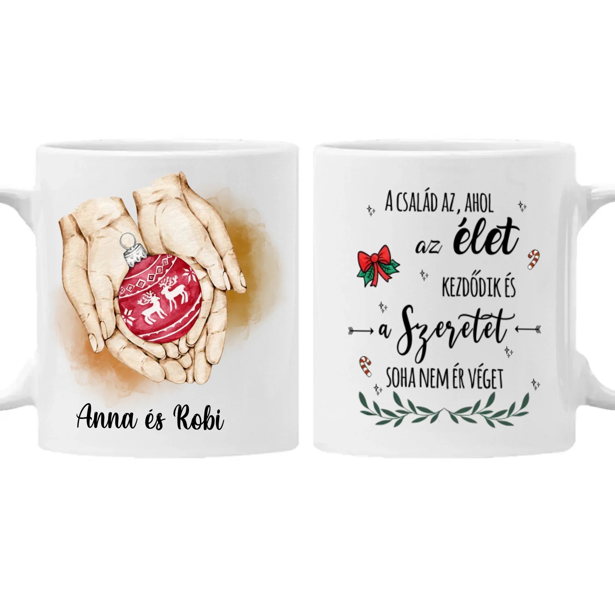 Karácsonyi kéz a kézben bögre egyedi felirattal