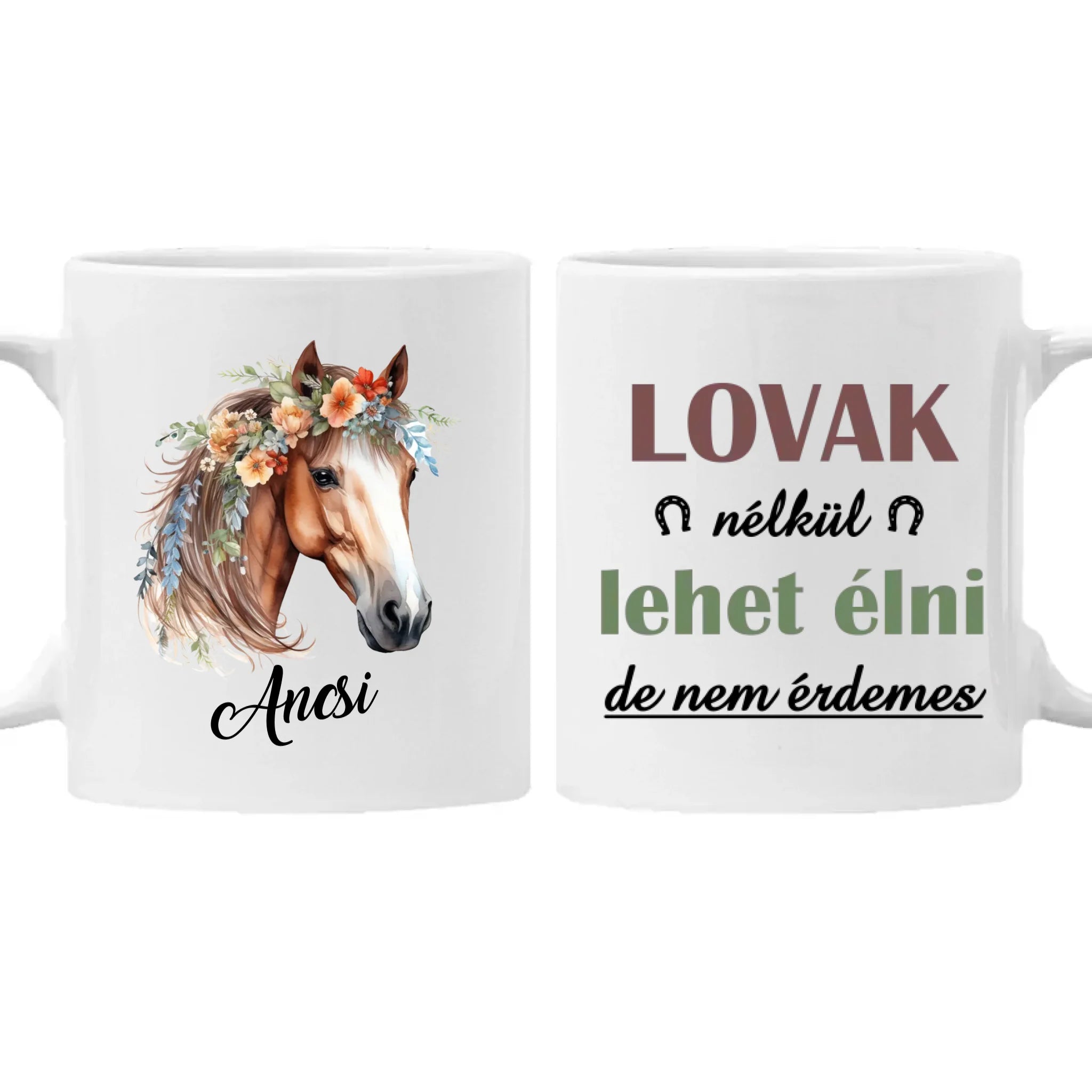 Virágos lovas bögre egyedi névvel