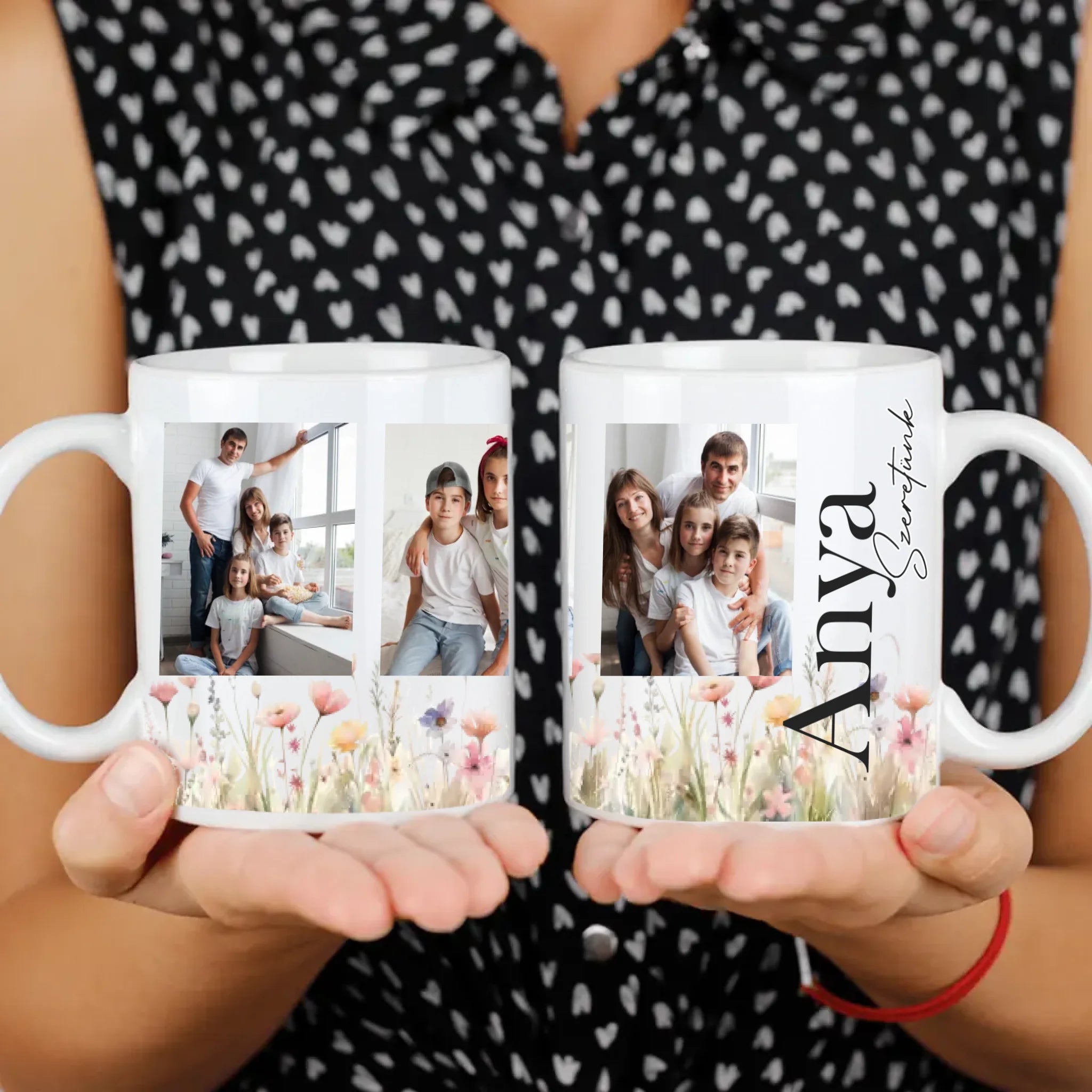 Anya szeretünk - egyedi képes bögre választható felirattal