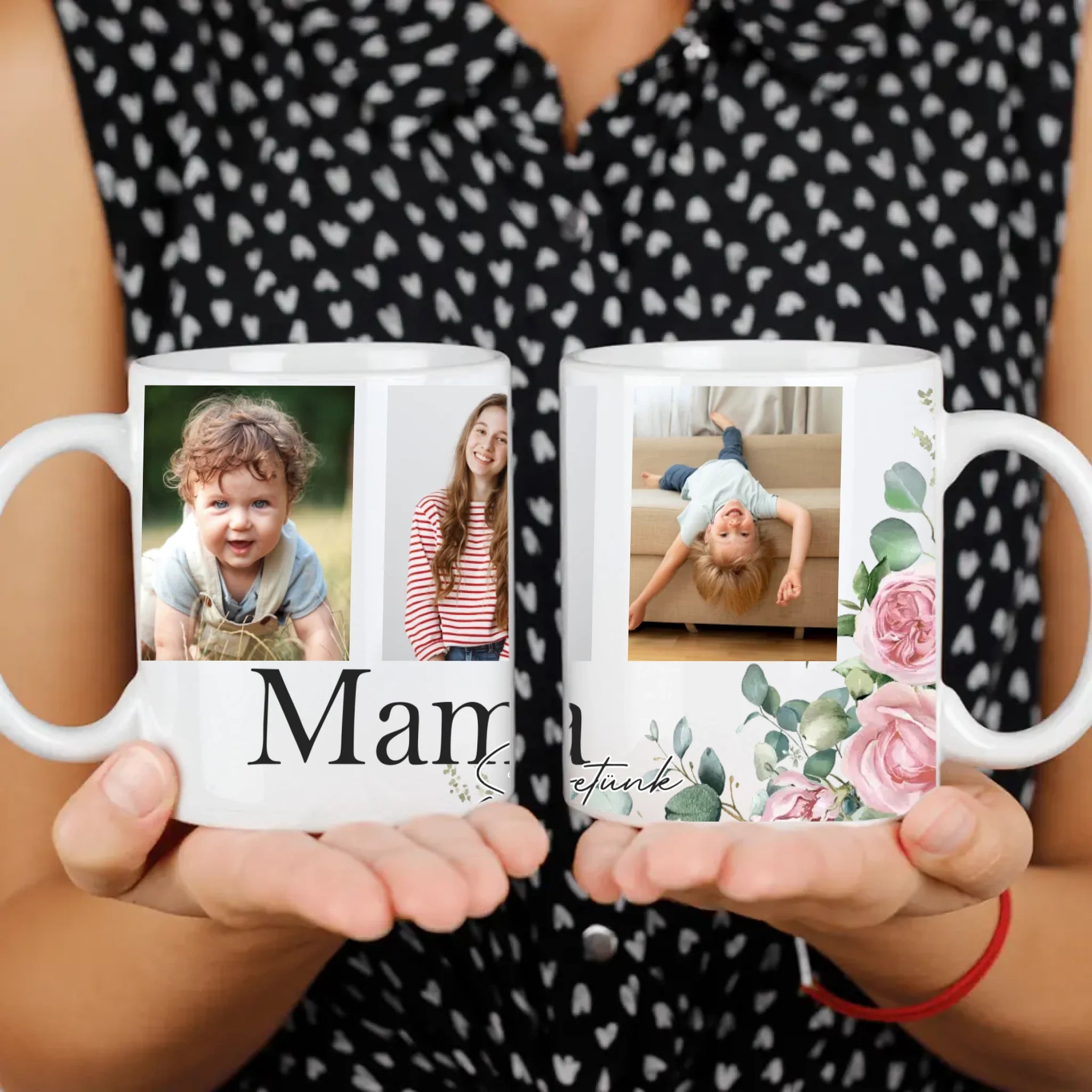 Mama szeretünk - egyedi képes bögre választható felirattal