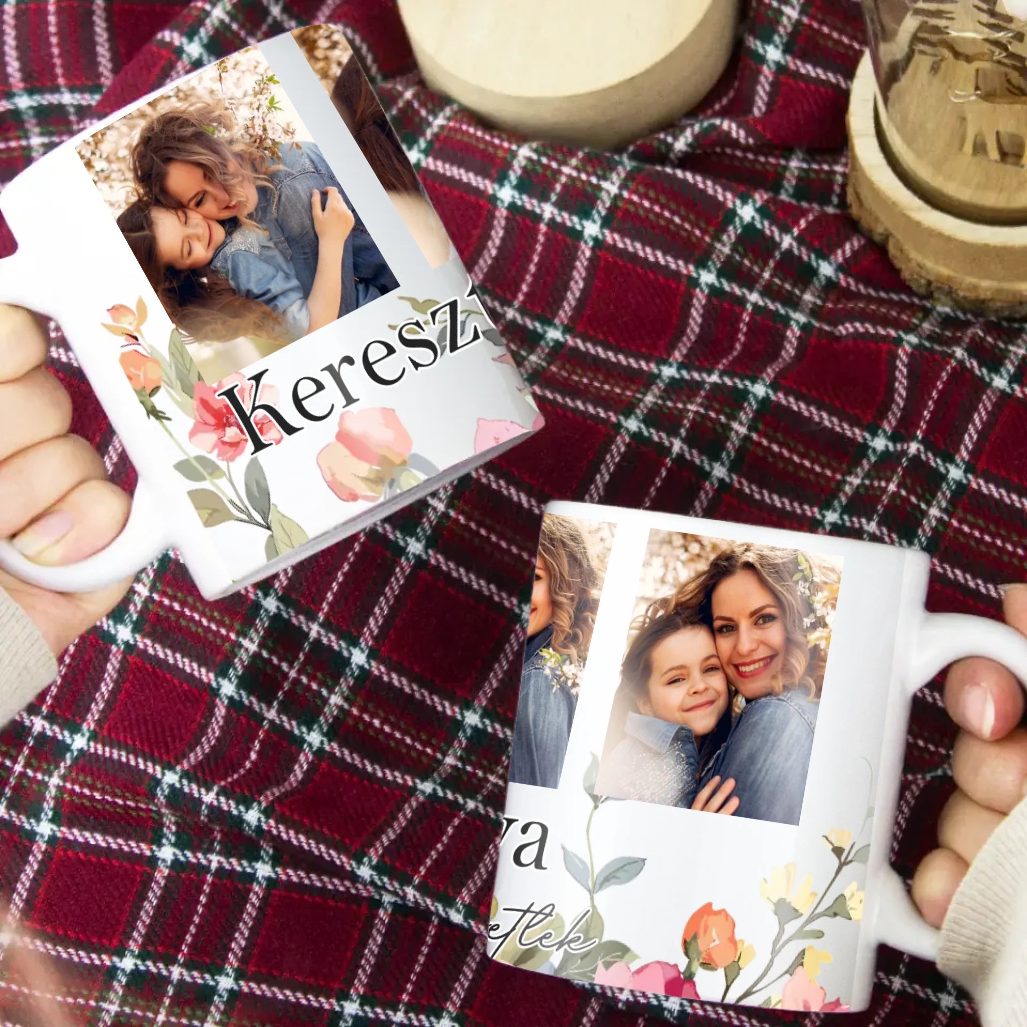 Keresztanya szeretünk - egyedi képes bögre választható felirattal