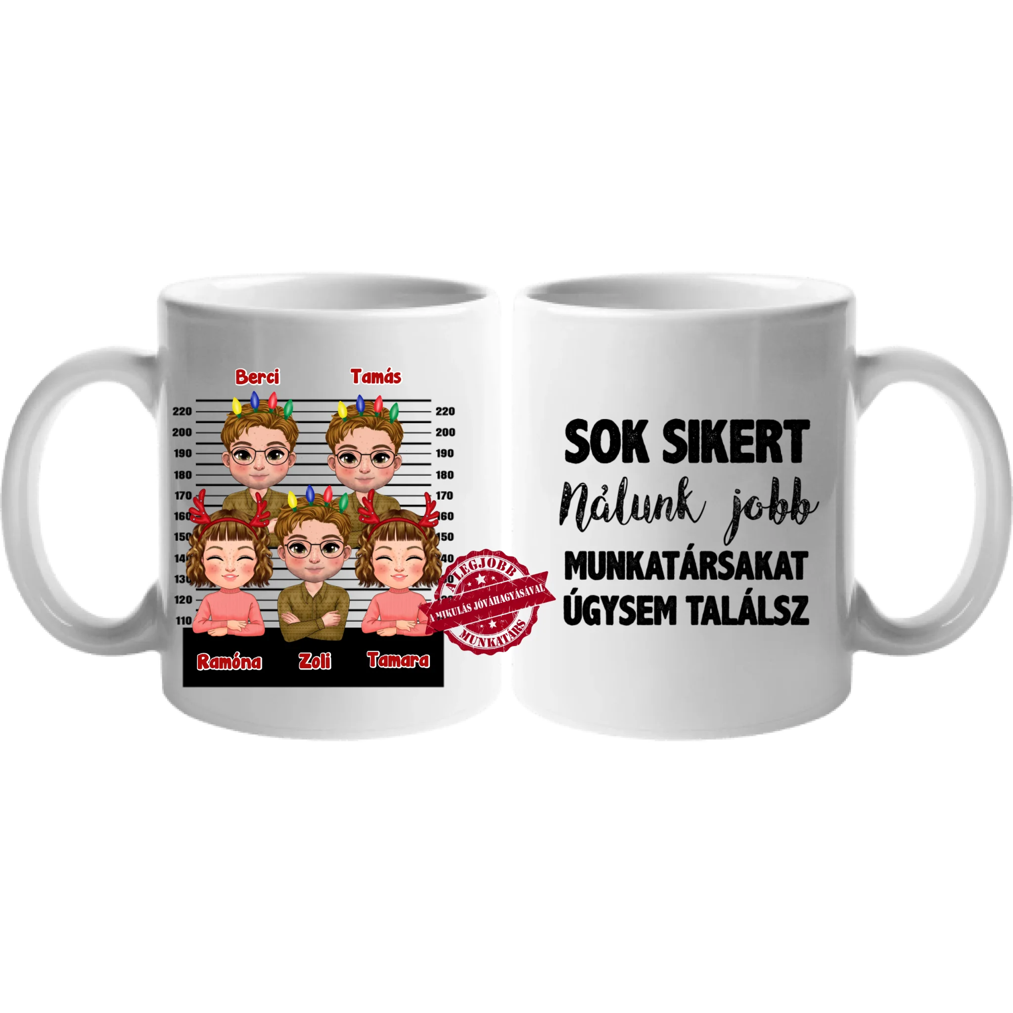 Egyedi karácsonyi ajándék bögre munkatársaknak választható karakterekkel - több személlyel