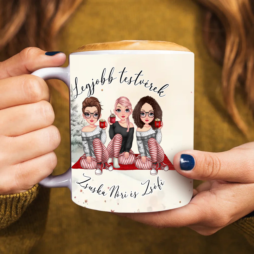 Egyedi karácsonyi bögre Nővéreknek szerkeszthető karakterekkel