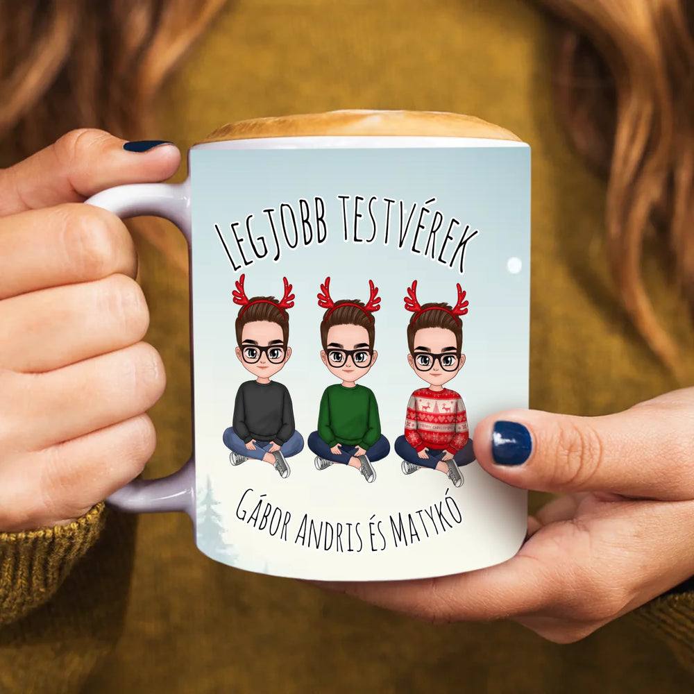 Egyedi karácsonyi bögre Fivéreknek szerkeszthető karakterekkel