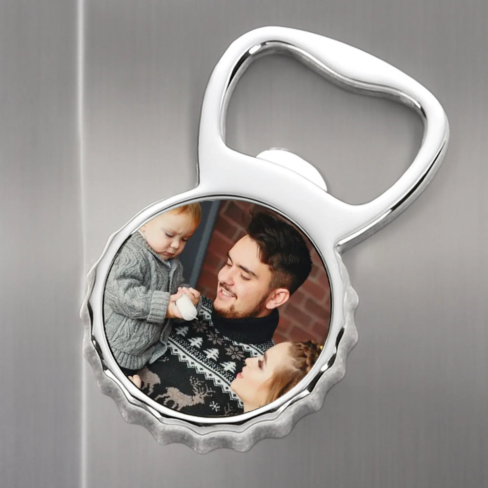 Karácsonyi ajándék apáknak - sörnyitó hűtőmágnes egyedi képpel