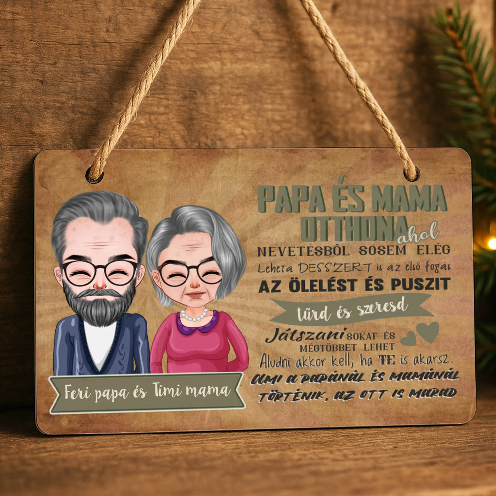 Fali dekor tábla ajándék nagyszülőknek - Mama és Papa otthona szerkeszthető karakterekkel