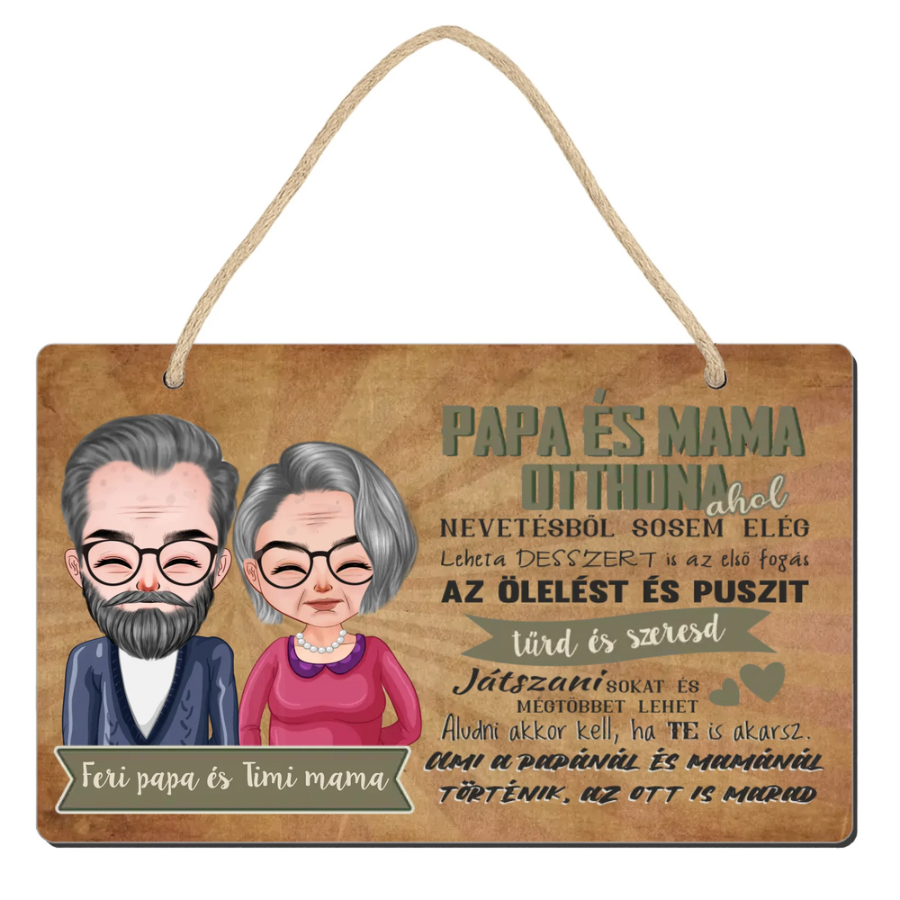 Fali dekor tábla ajándék nagyszülőknek - Mama és Papa otthona szerkeszthető karakterekkel