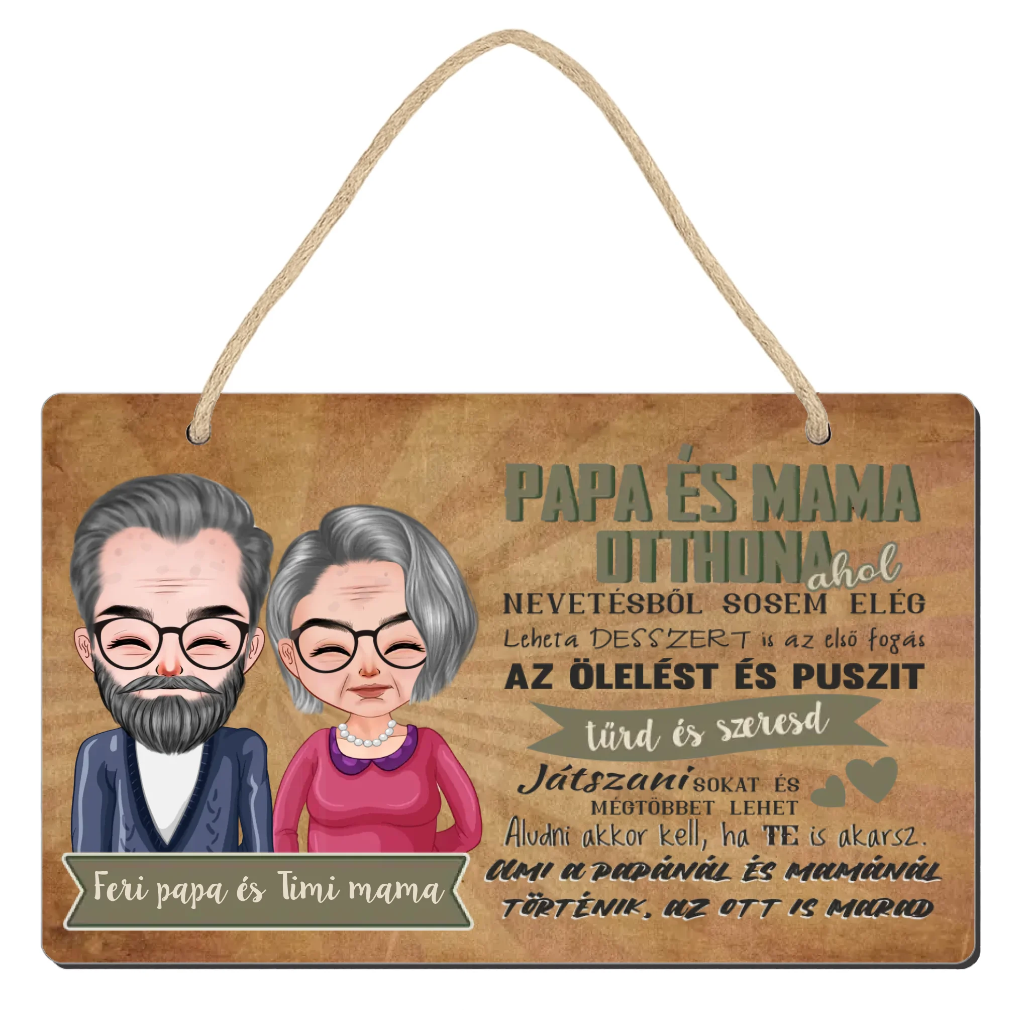 Fali dekor tábla ajándék nagyszülőknek - Mama és Papa otthona szerkeszthető karakterekkel