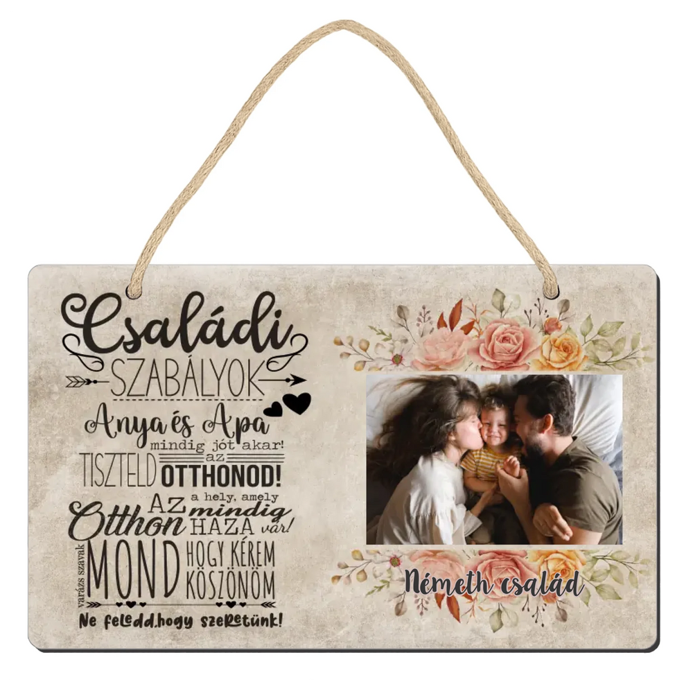 Családi szabályok egyedi fényképes ajtódísz - Az otthon az a hely