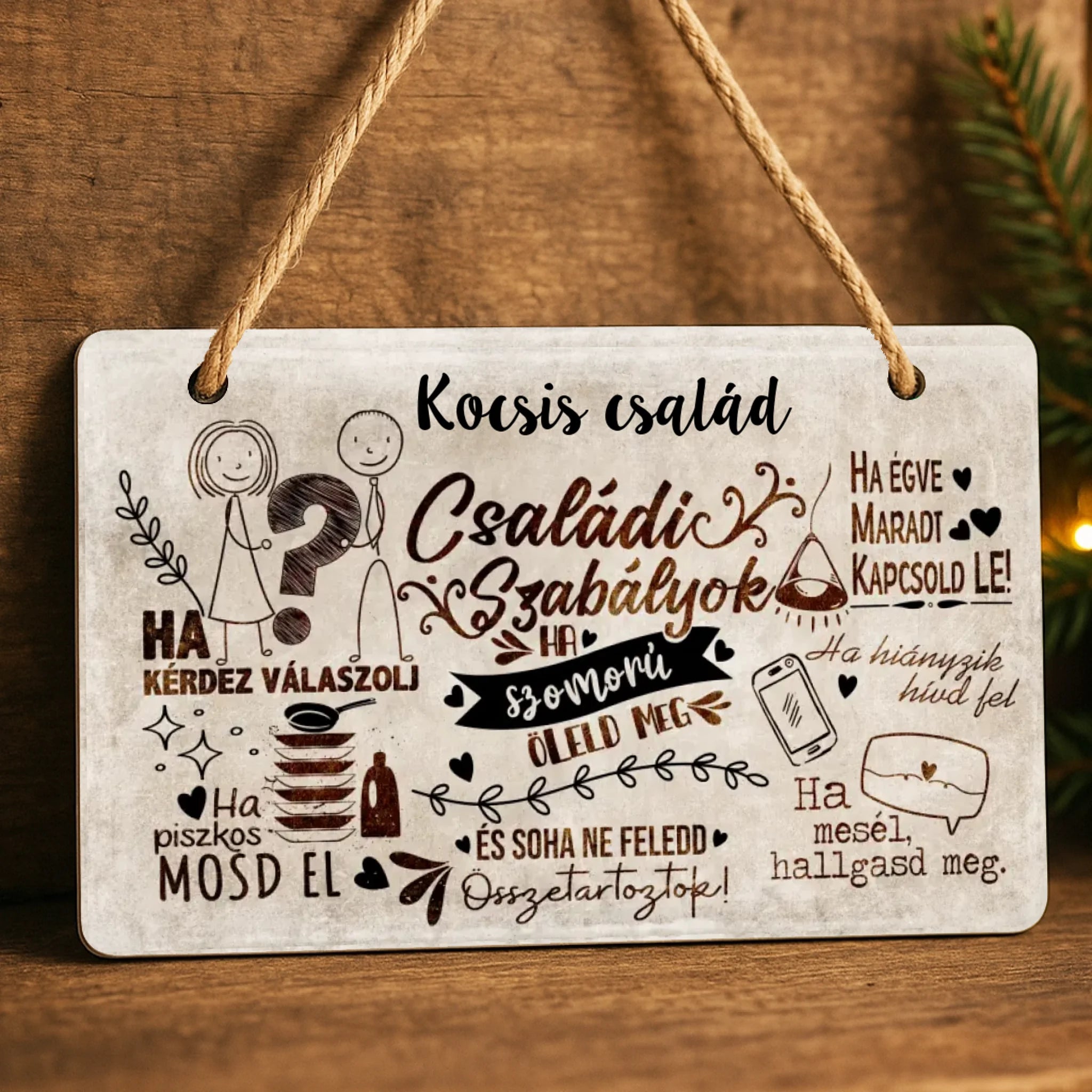Családi szabályok ajtódísz fali dekor tábla egyedi névvel