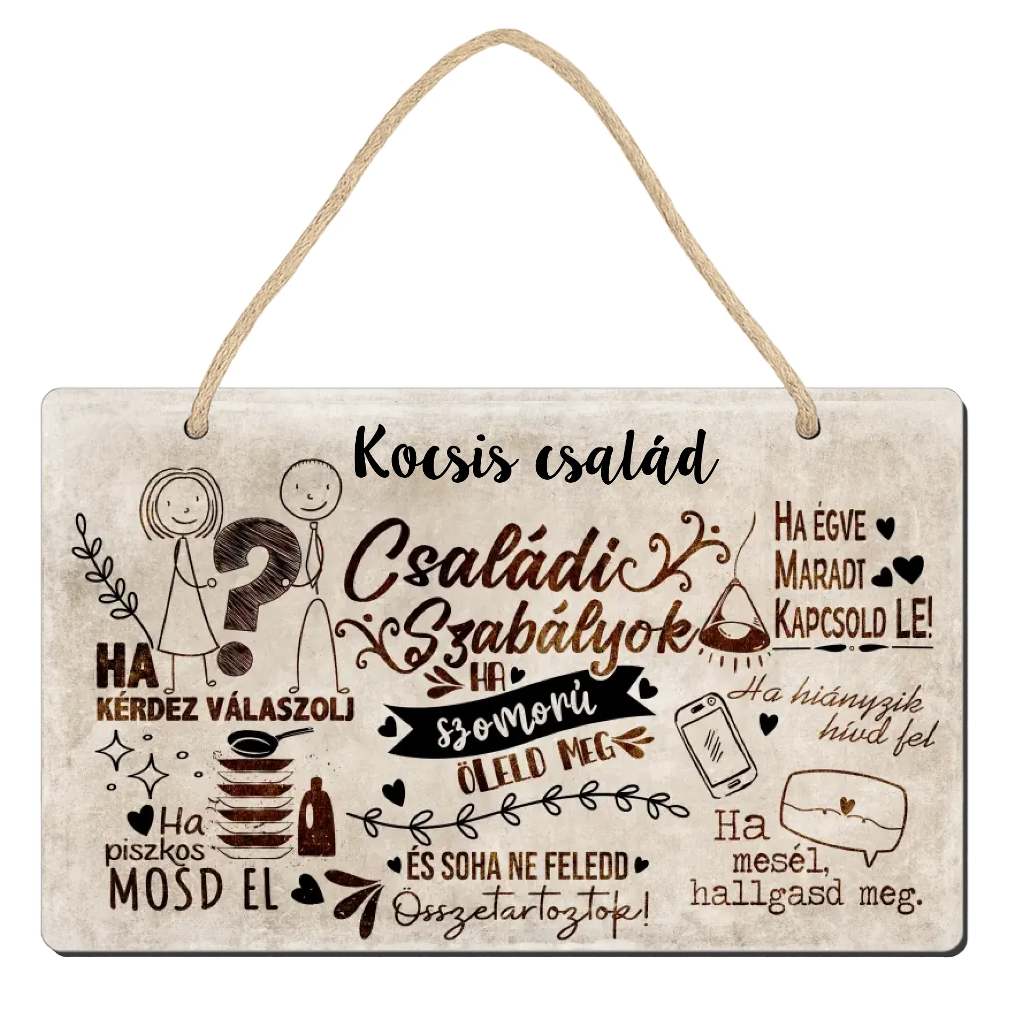 Családi szabályok ajtódísz fali dekor tábla egyedi névvel