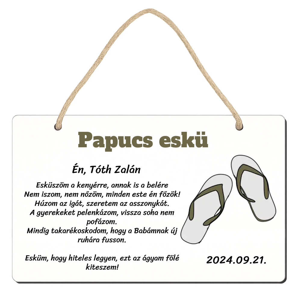 Papucs eskü ajándék fatábla Legénybúcsúkra