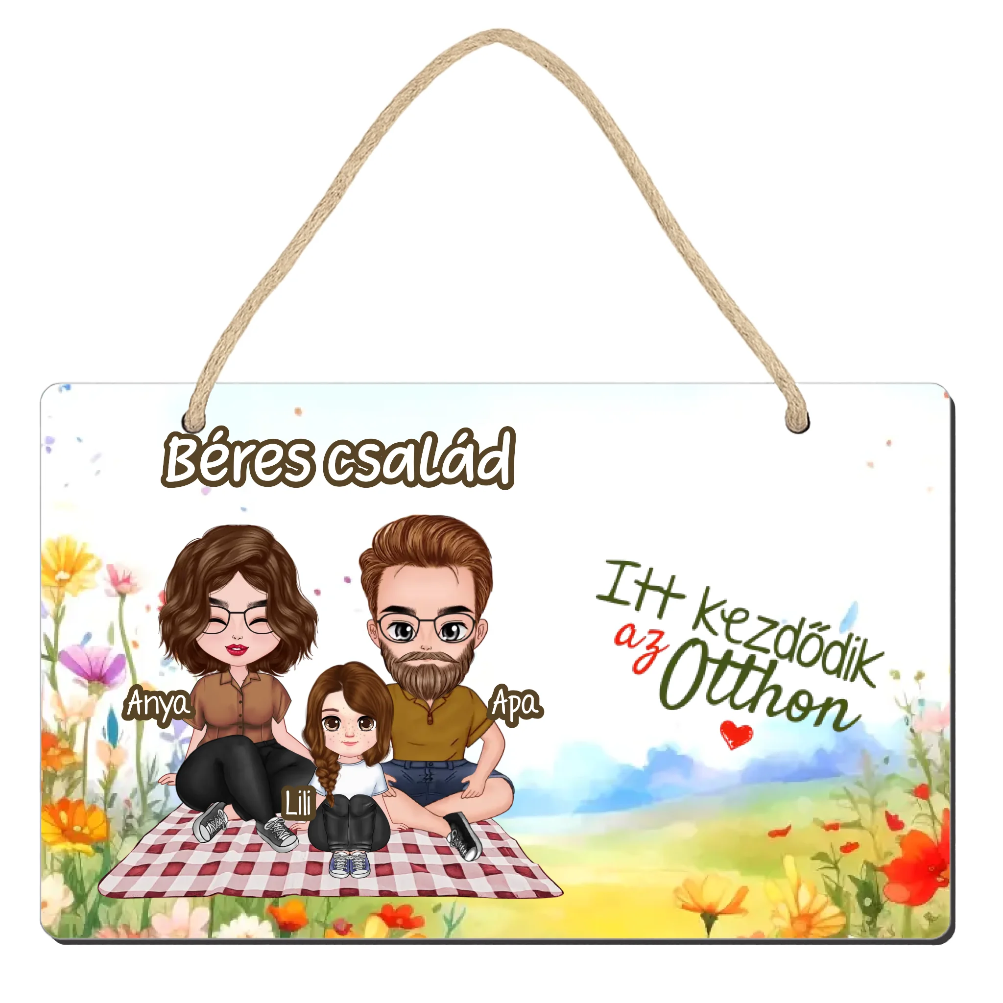 Ajtó kopogtató fa dísztábla szerkeszthető család karakterekkel