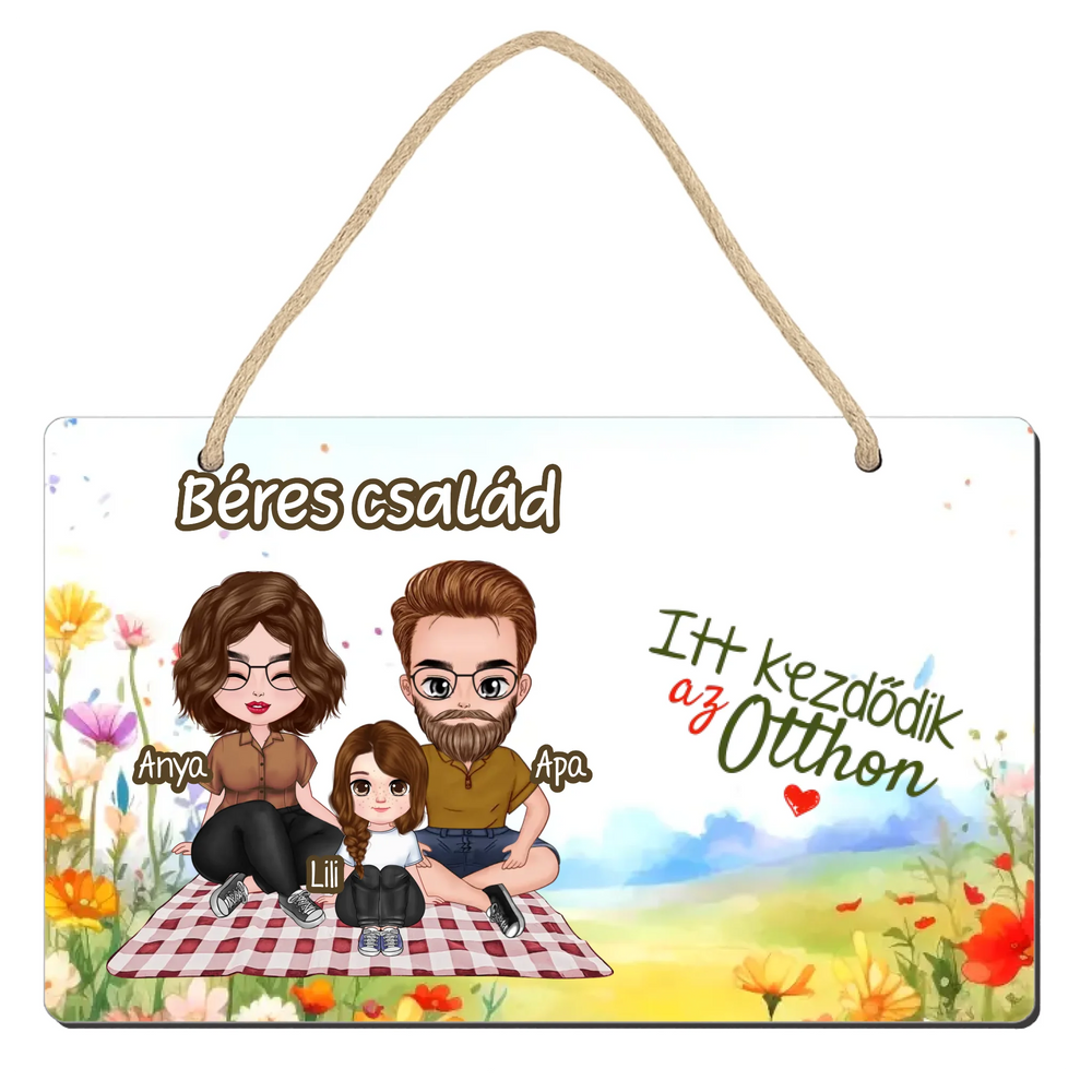 Ajtó kopogtató fa dísztábla szerkeszthető család karakterekkel