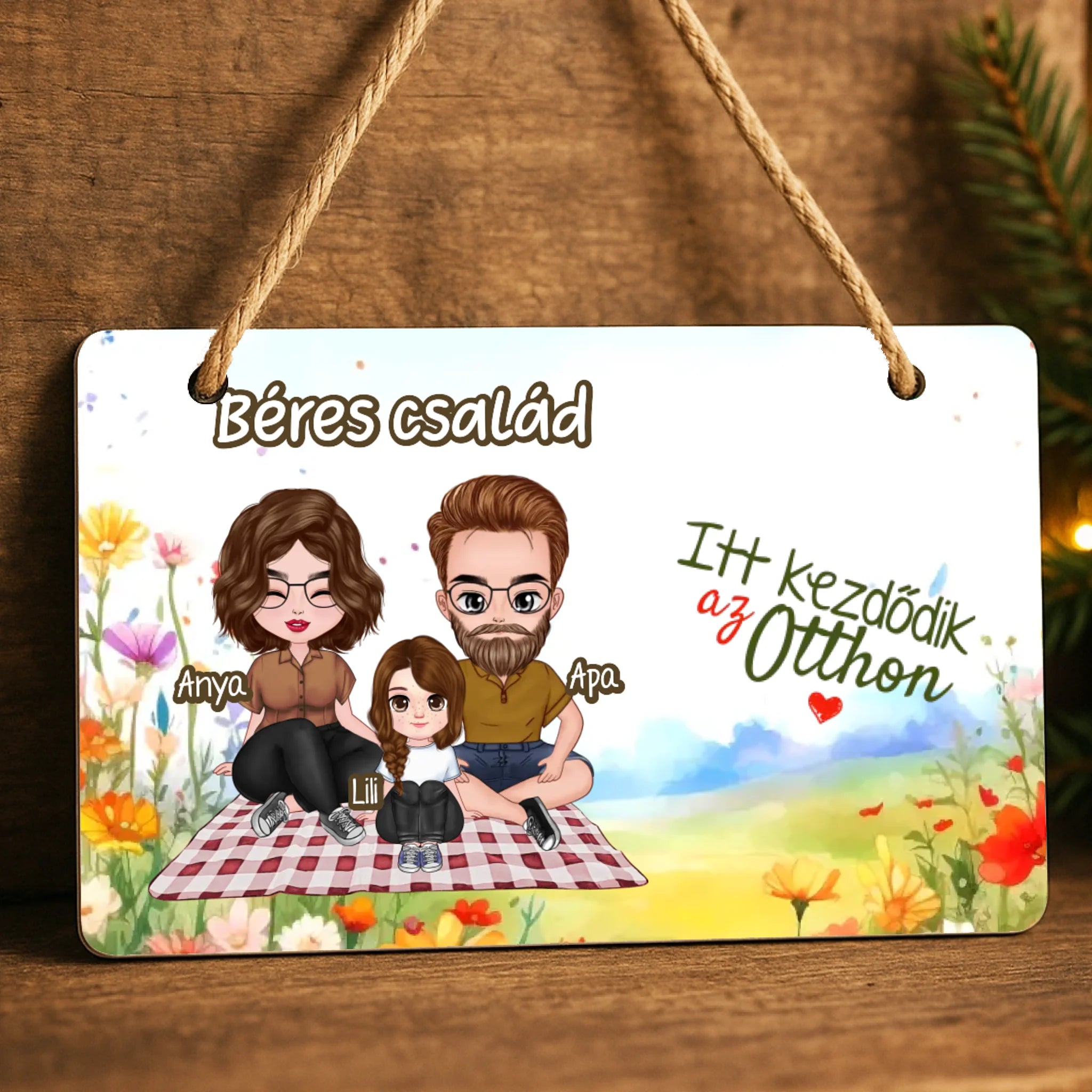 Ajtó kopogtató fa dísztábla szerkeszthető család karakterekkel