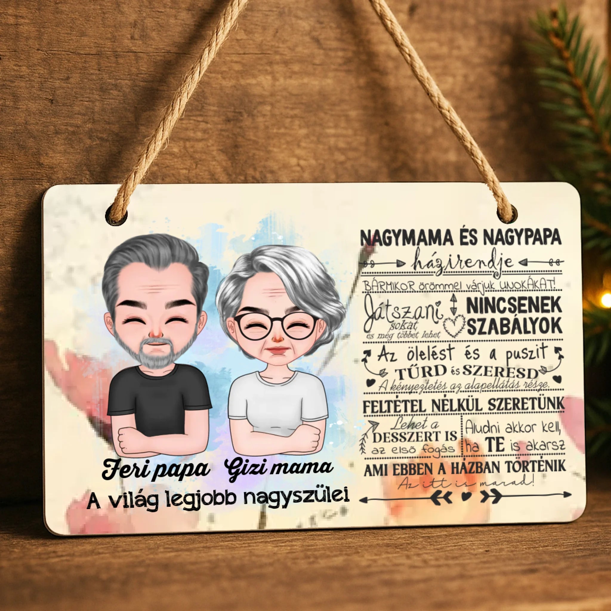Tavaszi ajtó kopogtató fa dísztábla Nagyszülőknek szerkeszthető karakterekkel