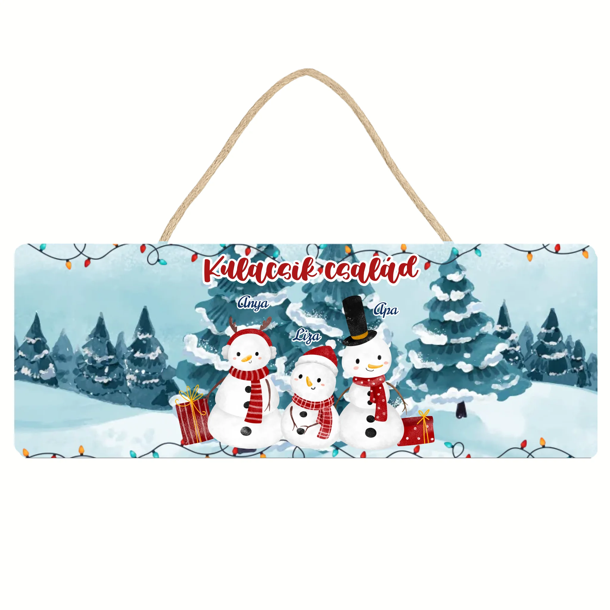 Karácsonyi ajándék dísztábla szerkeszthető felirattal és hóember mintával