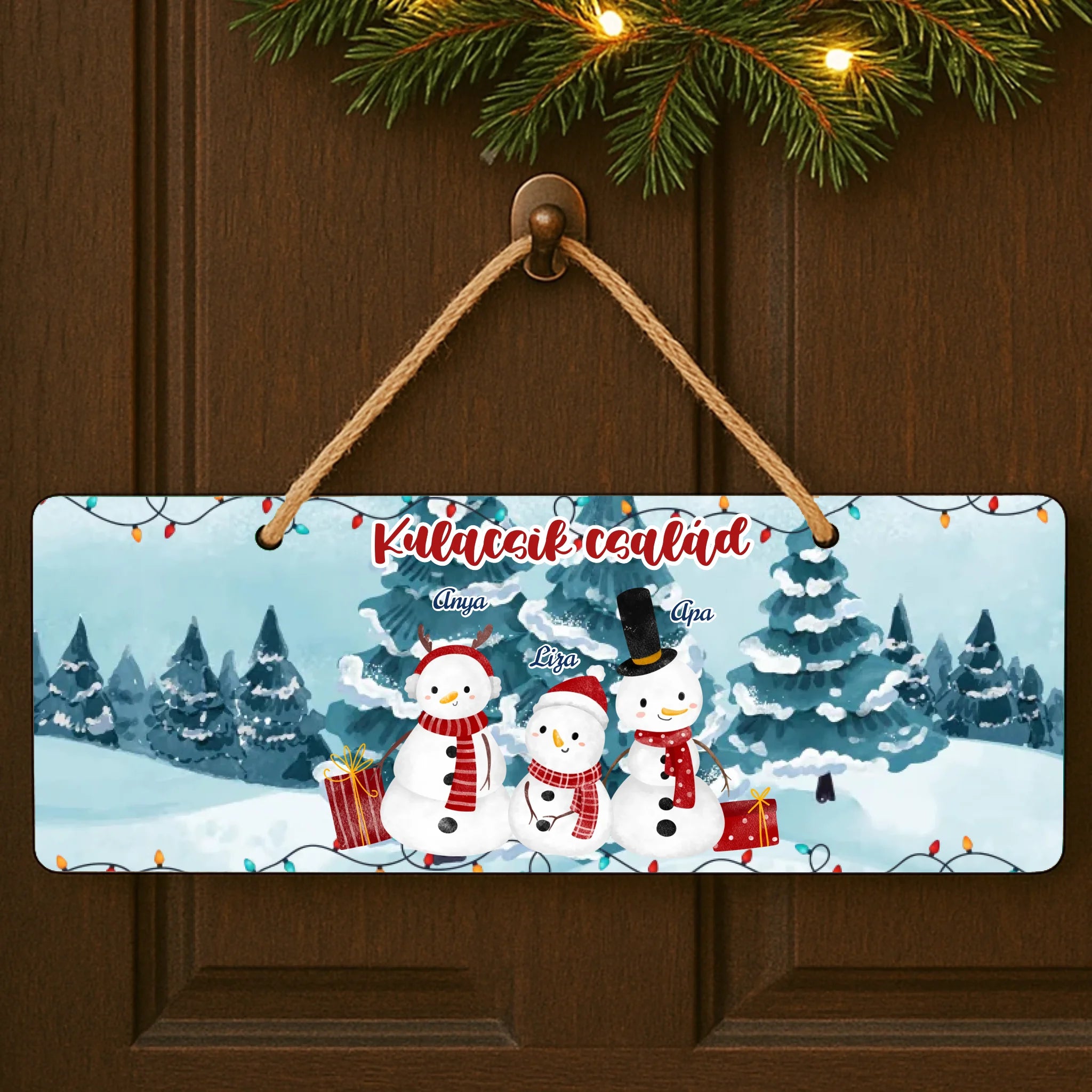 Karácsonyi ajándék dísztábla szerkeszthető felirattal és hóember mintával