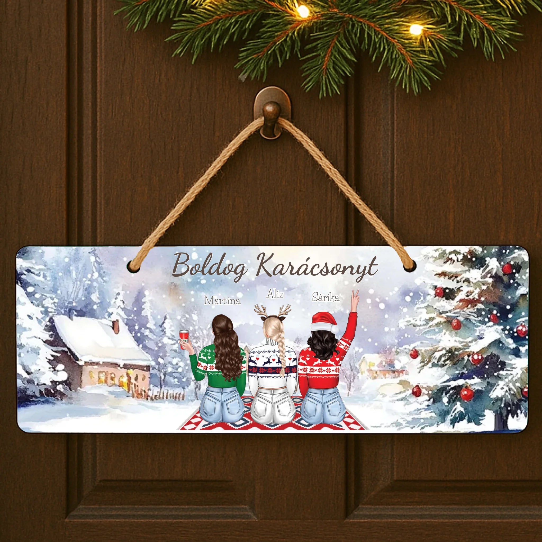 Szerkeszthető karakteres karácsonyi dísztábla ajándék barátnőknek
