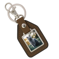 Egyedi kulcstartó bőrháttérrel és állatos fényképpel