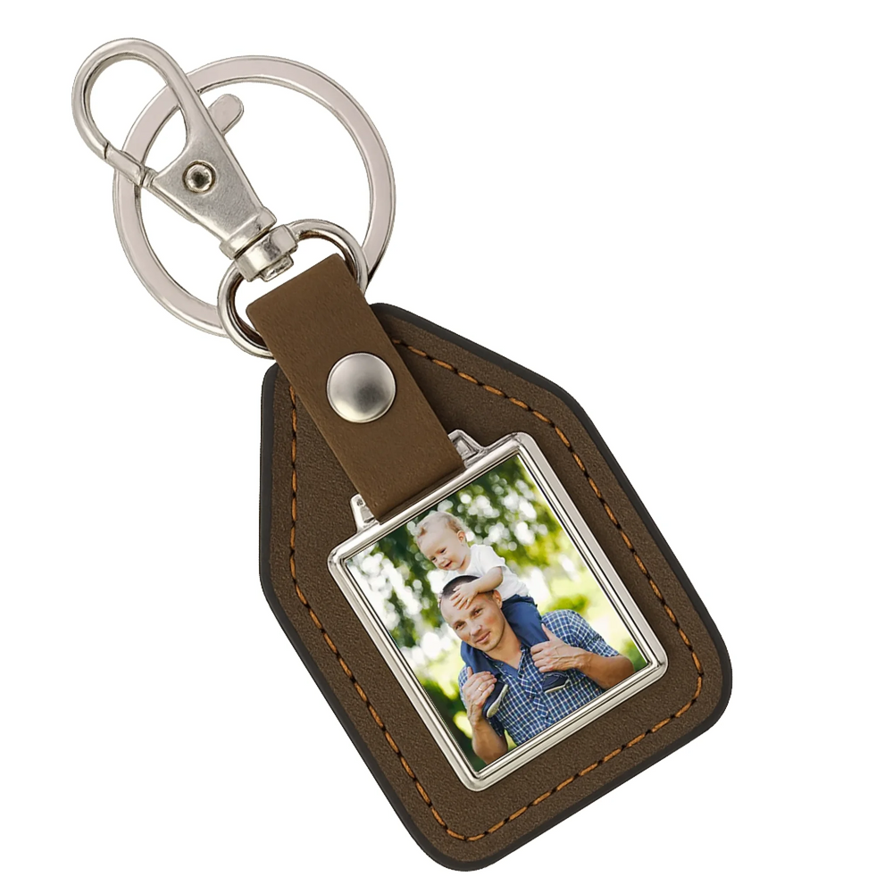 Karácsonyi ajándék apának egyedi képes kulcstartó bőrháttérrel