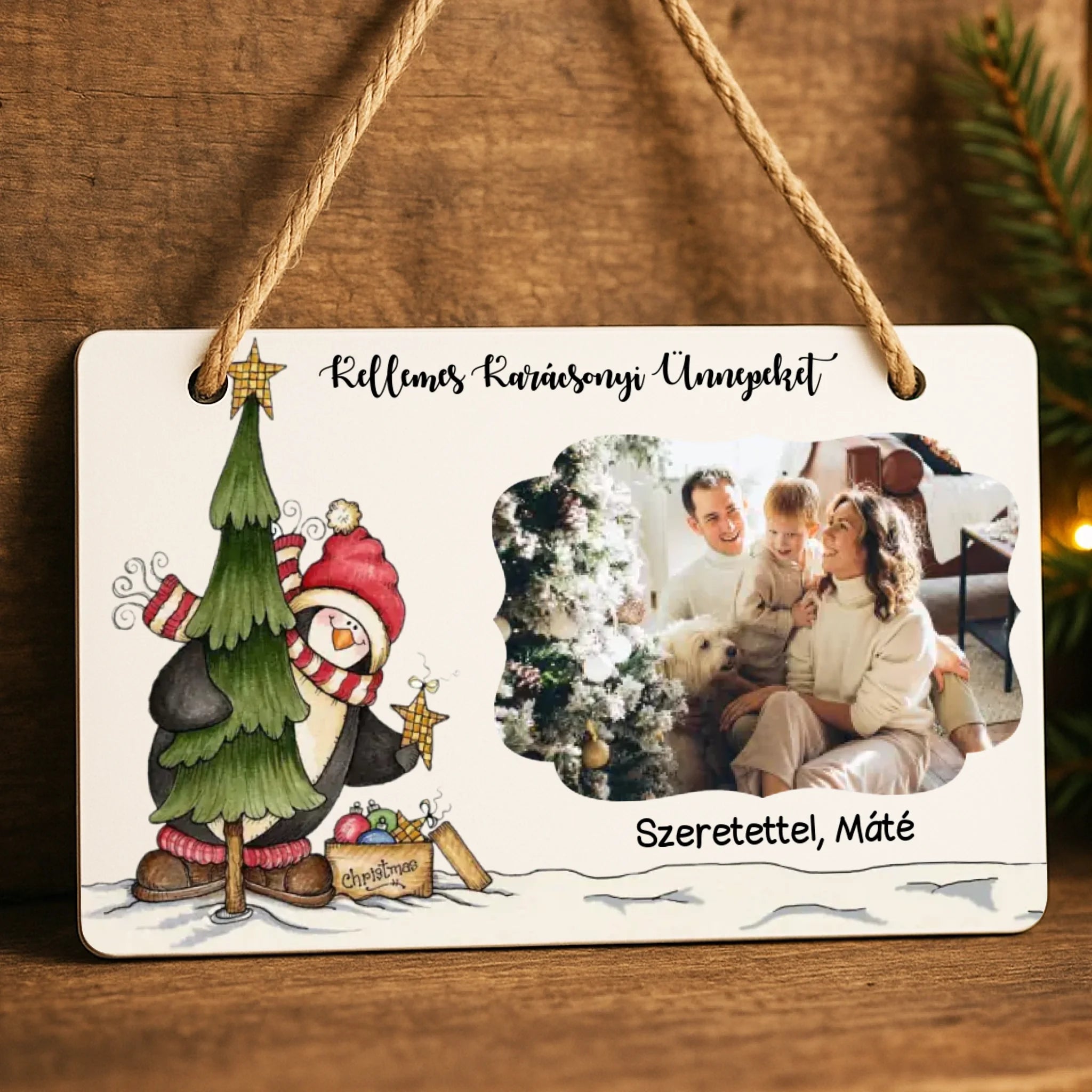 Karácsonyi pingvines tábla dísz egyedi képpel