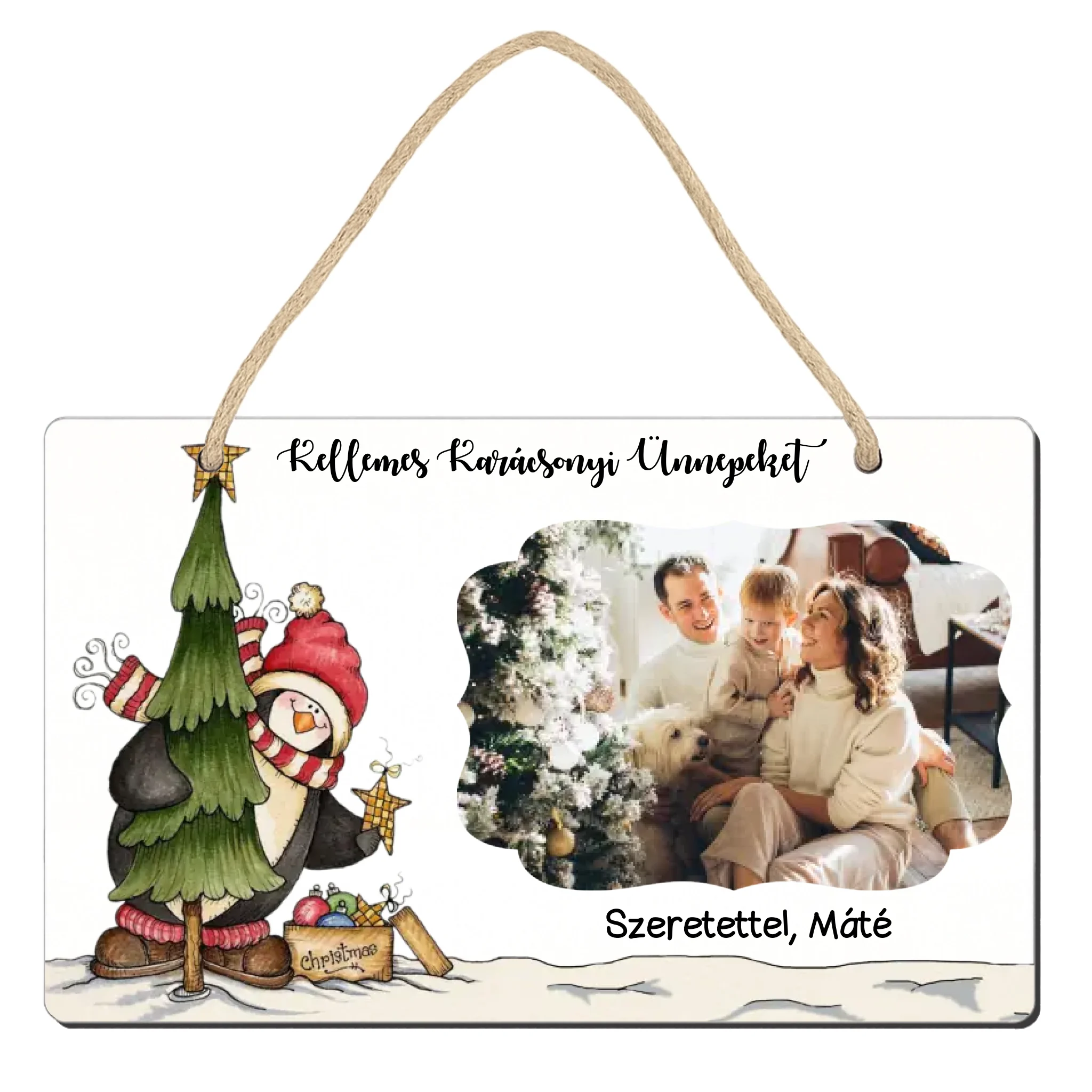 Karácsonyi pingvines tábla dísz egyedi képpel