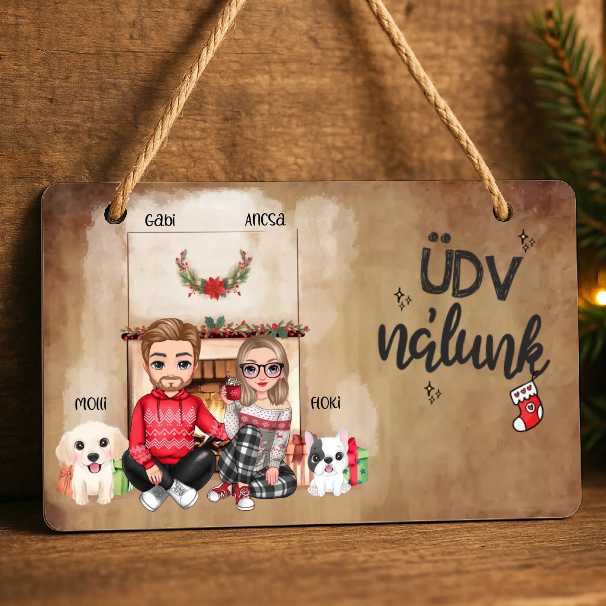 Karácsonyi cuki páros dísztábla kutyákkal