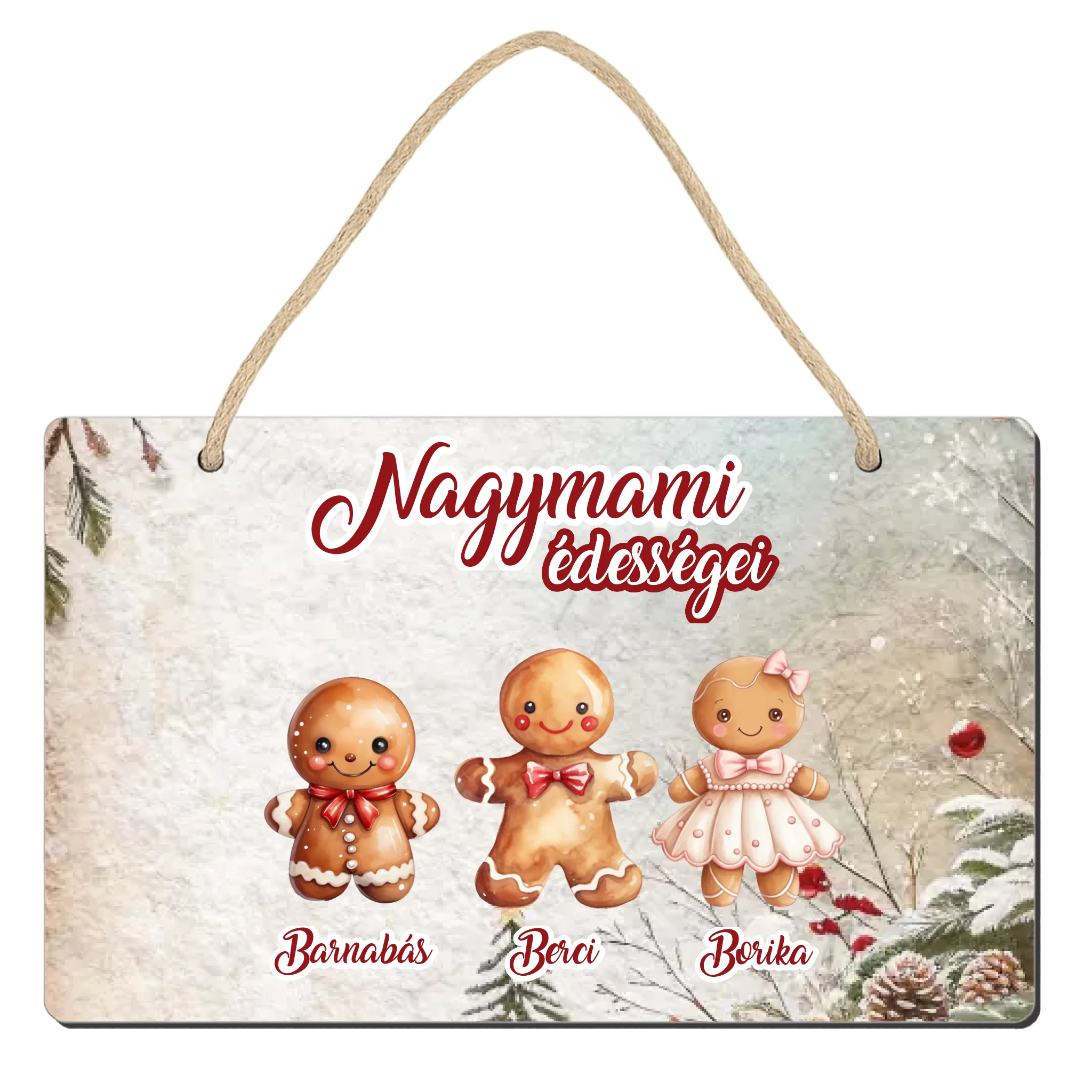 Karácsonyi ajándék dísztábla nagymamáknak választható mézeskalács figurákkal