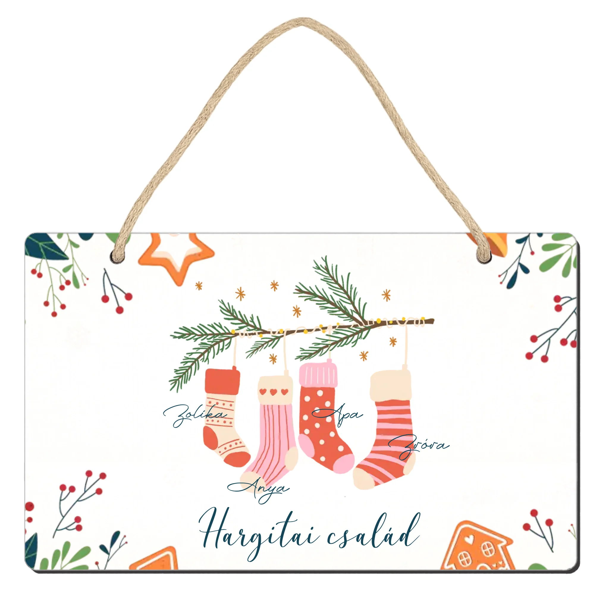Karácsonyi csizmás ajándék dísztábla a családnak egyedi nevekkel