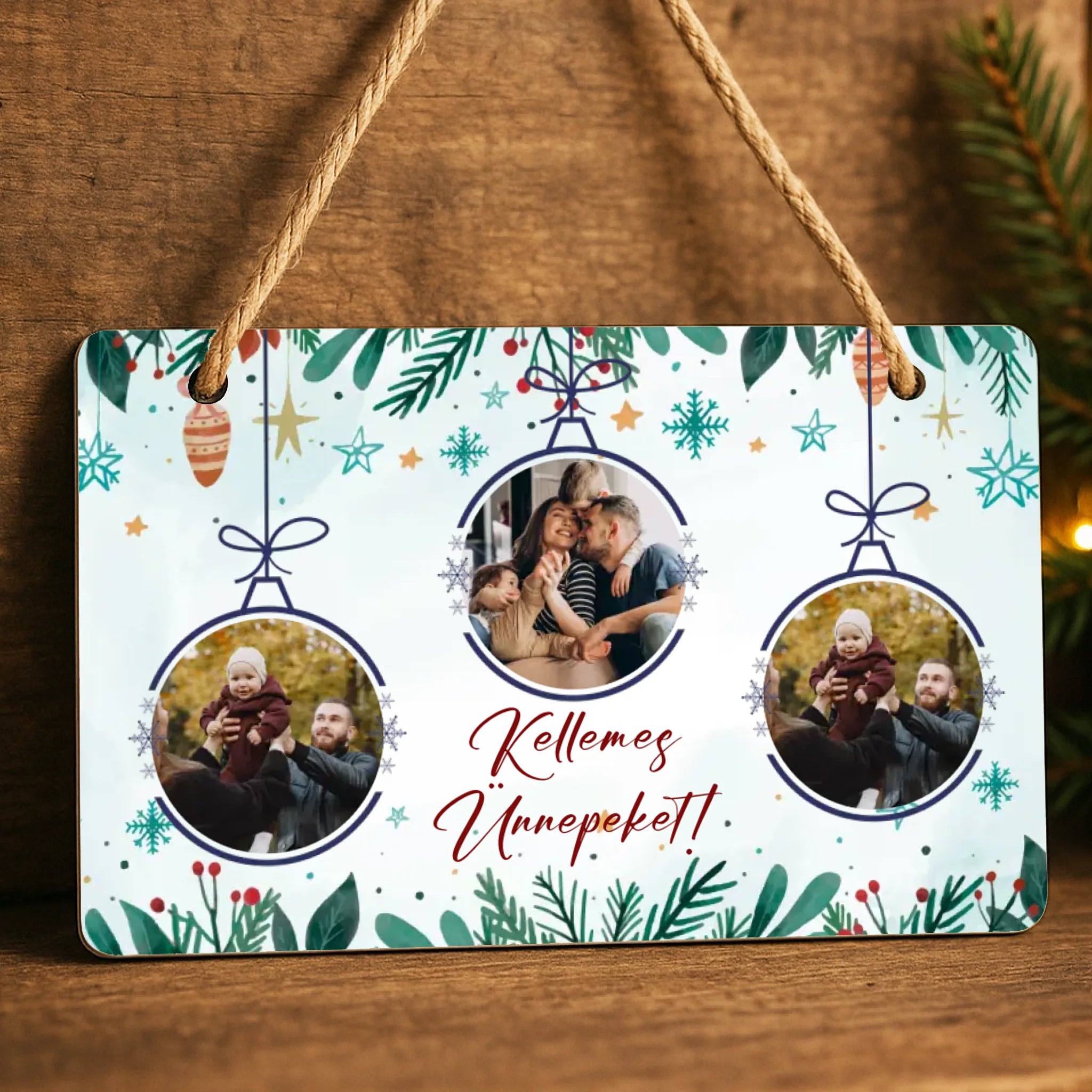 Karácsonyi dísztábla saját fotókkal és szerkeszthető felirattal