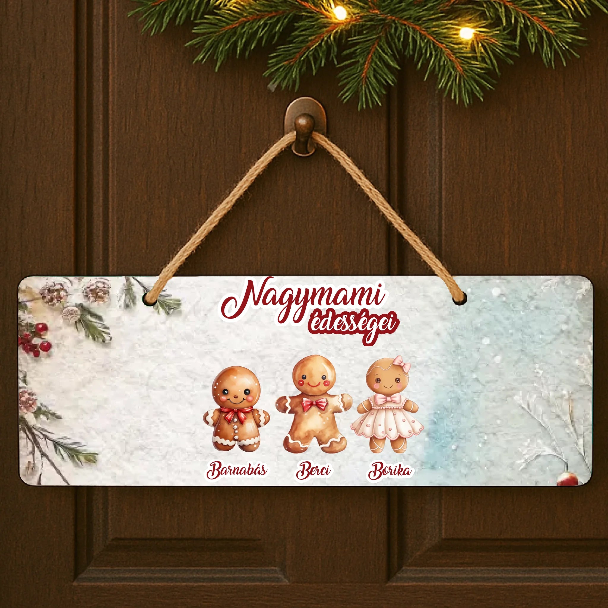 Karácsonyi ajándék dísztábla nagymamáknak választható mézeskalács figurákkal