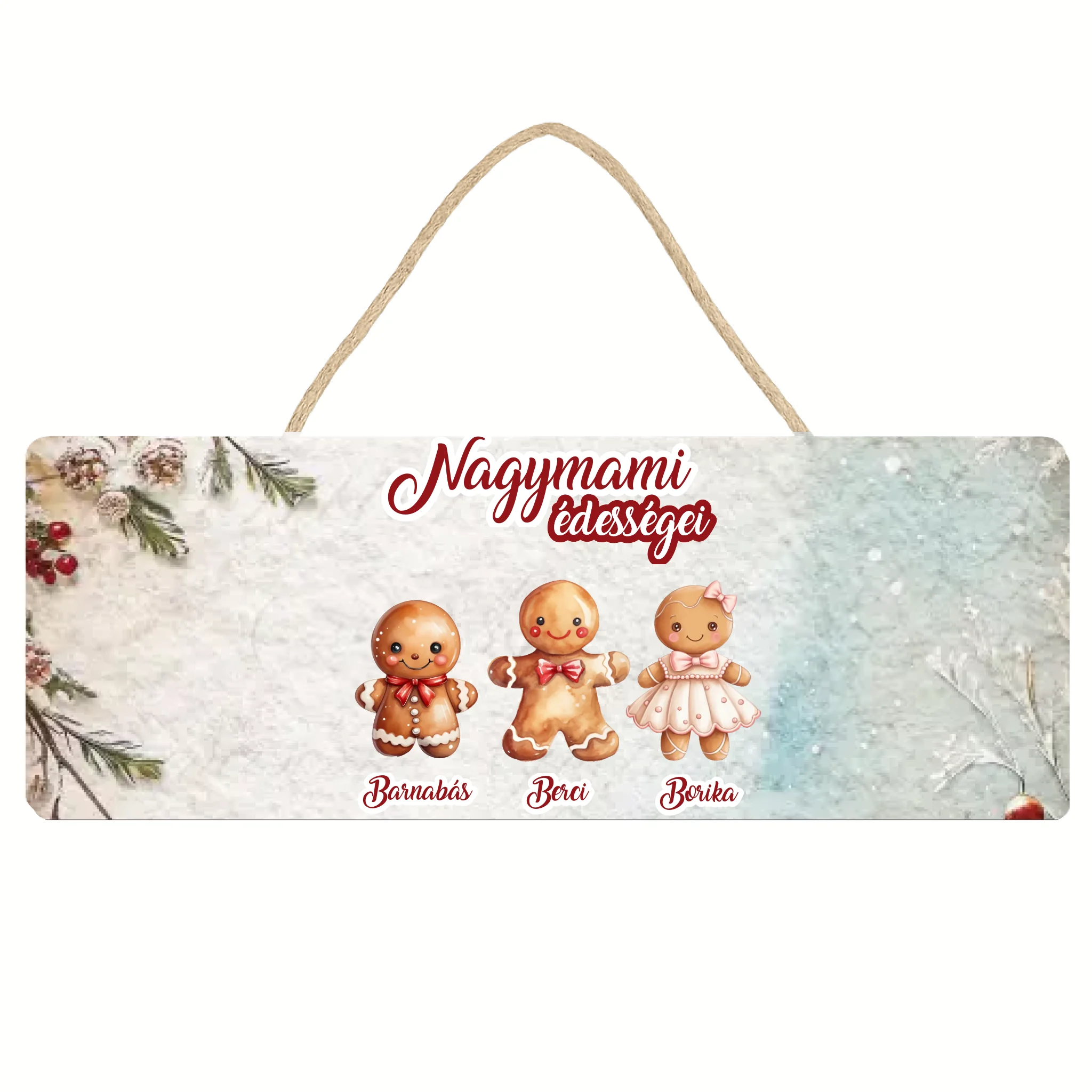 Karácsonyi ajándék dísztábla nagymamáknak választható mézeskalács figurákkal