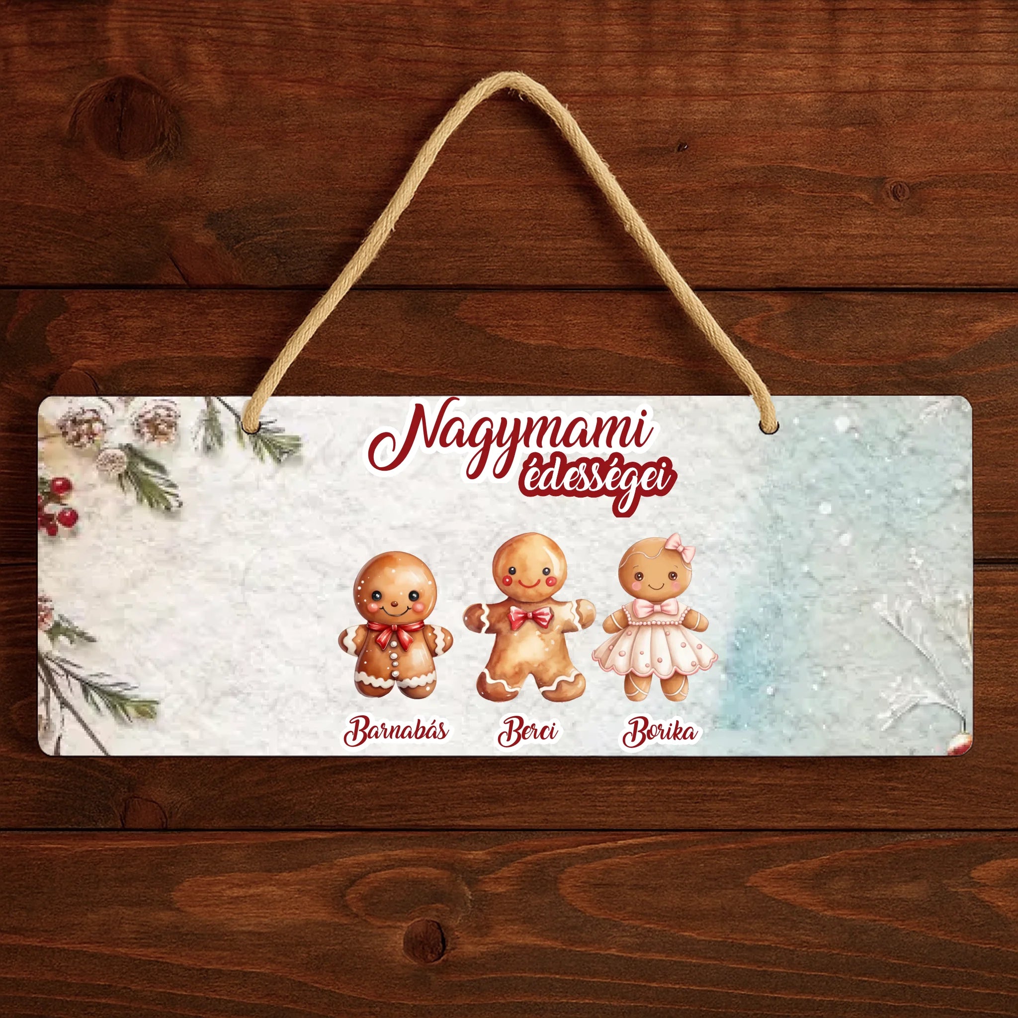 Karácsonyi ajándék dísztábla nagymamáknak választható mézeskalács figurákkal