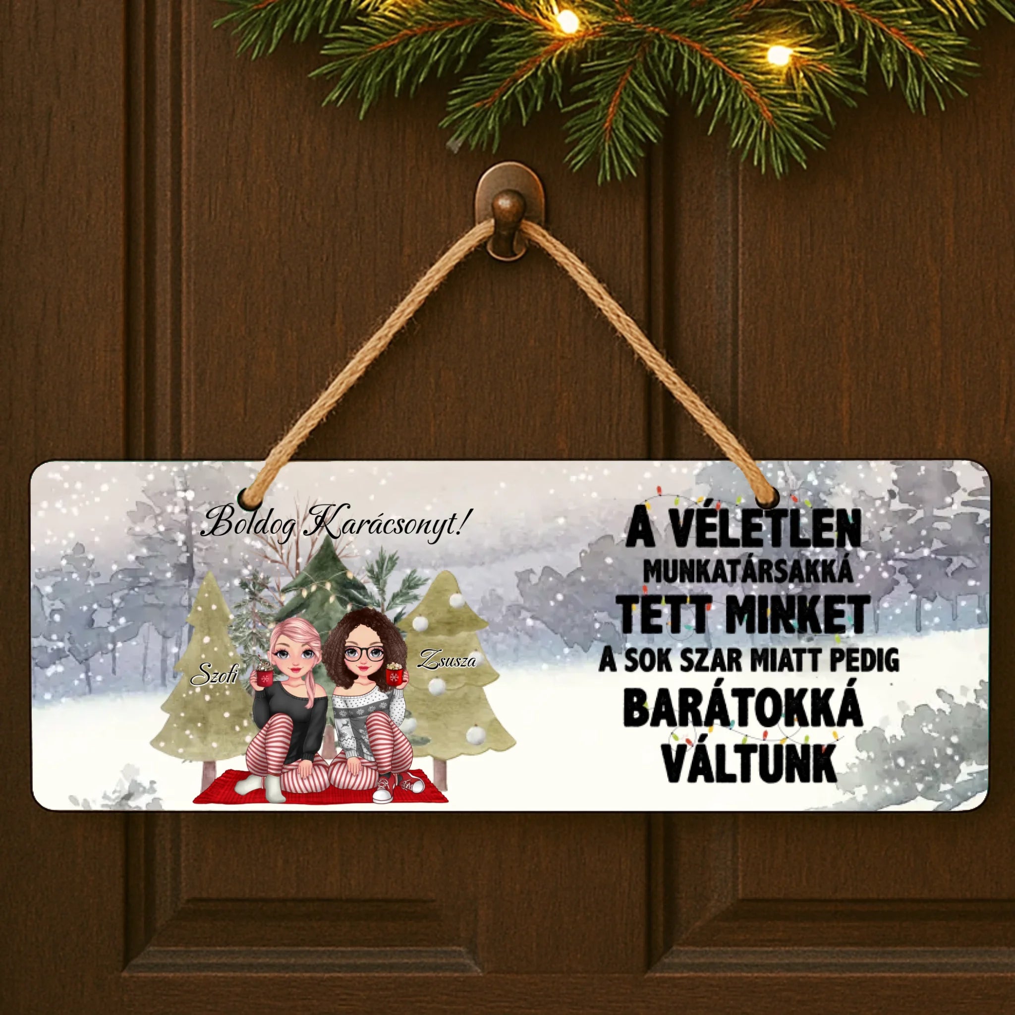 Szerkeszthető karakteres karácsonyi dísztábla munkatársaknak idézettel