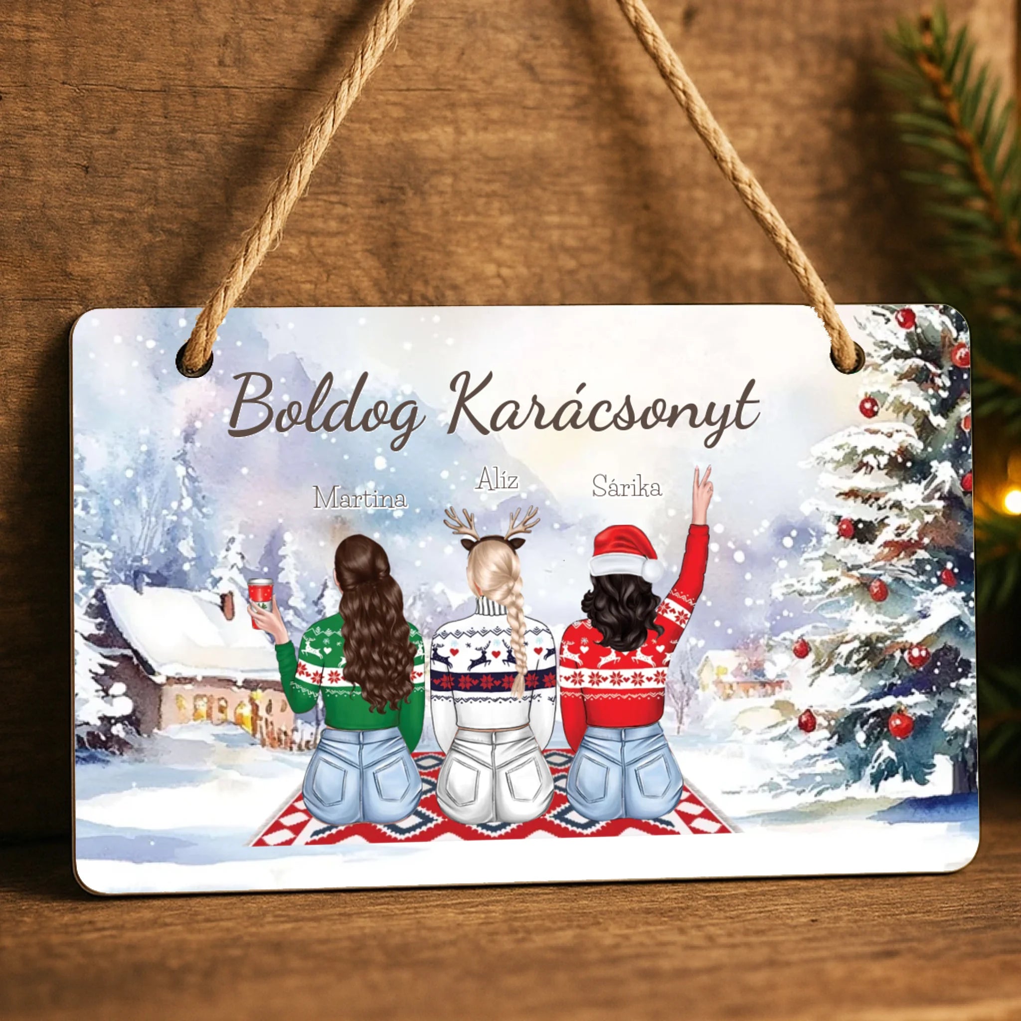 Szerkeszthető karakteres karácsonyi dísztábla ajándék barátnőknek