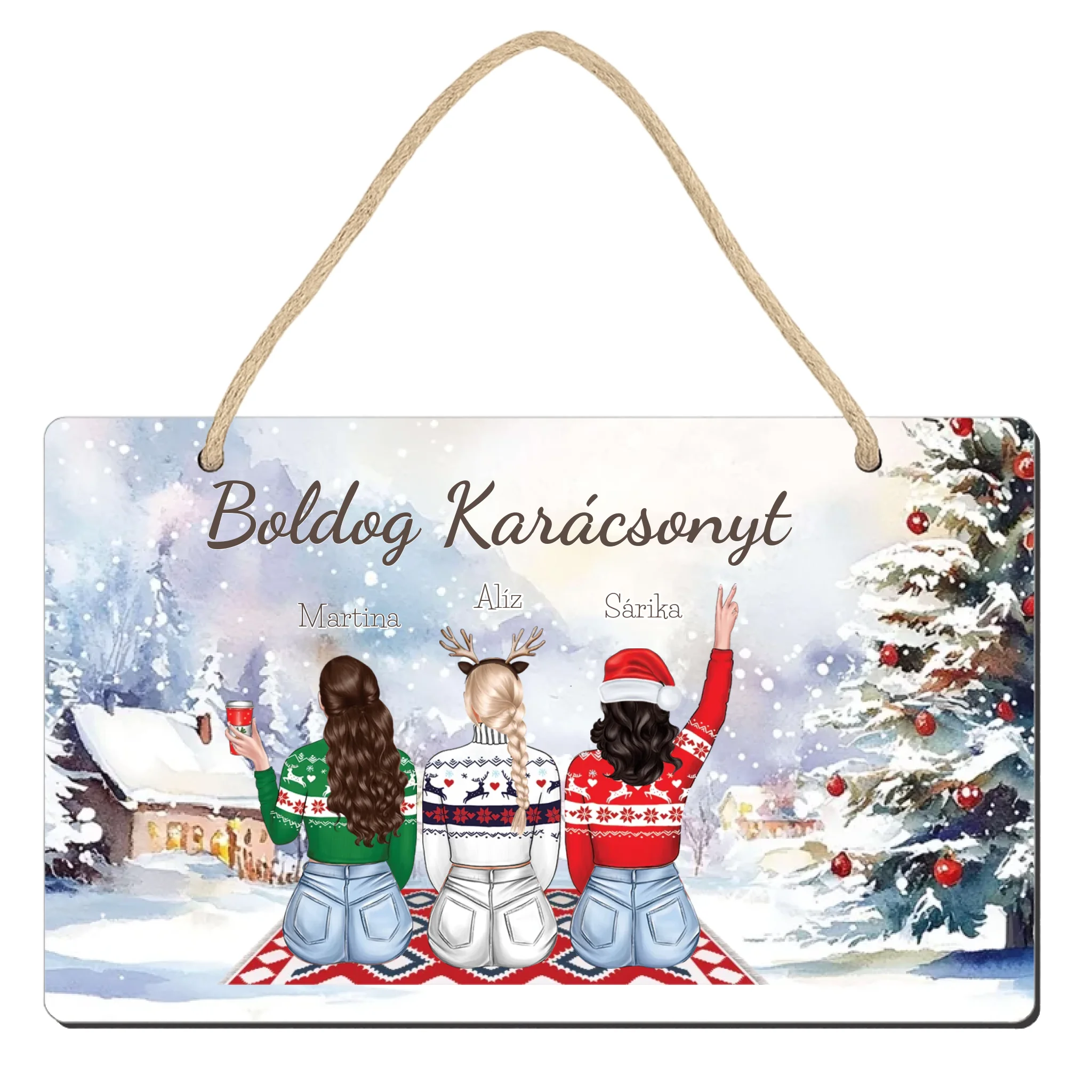 Szerkeszthető karakteres karácsonyi dísztábla ajándék barátnőknek