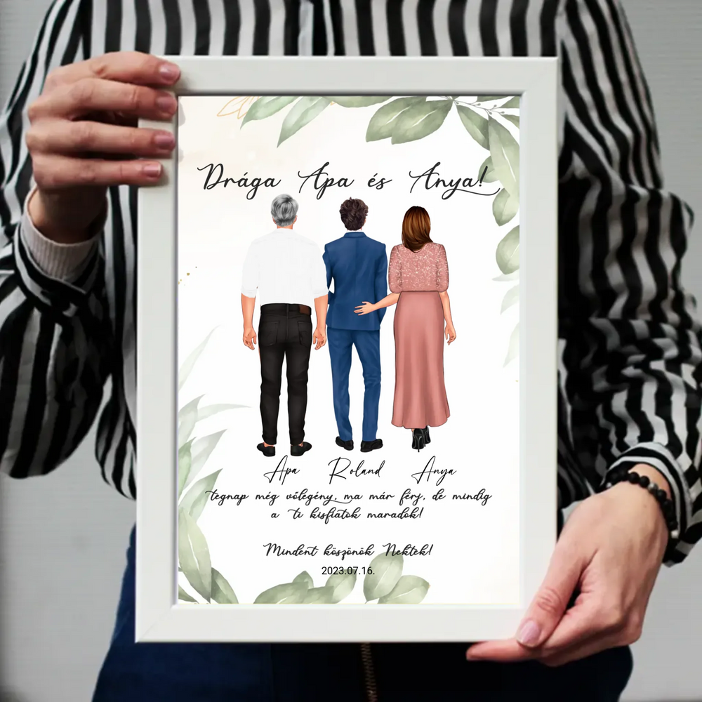 Szerkeszthető karakteres esküvői köszönőajándék falikép szülőknek - fiútól