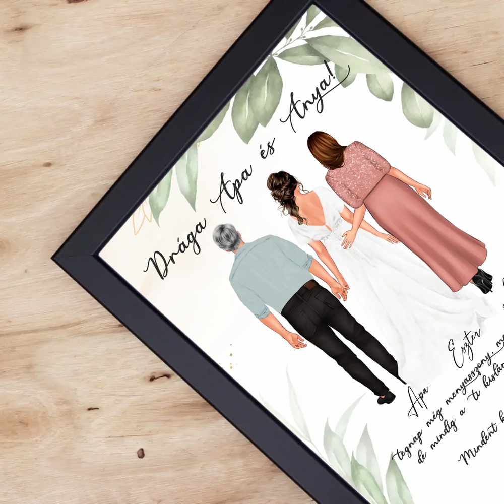 Szerkeszthető karakteres esküvői köszönőajándék falikép szülőknek - lánytól