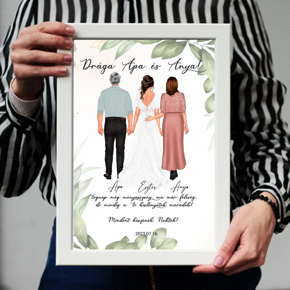 Szerkeszthető karakteres esküvői köszönőajándék falikép szülőknek - lánytól
